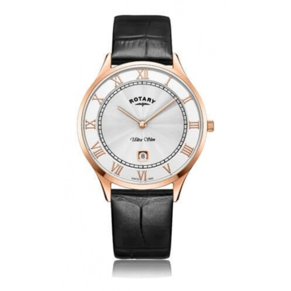 Ultra Slim Rose Gold Tone Stainless Steel White Dial With Black Leather Strap Gents Watch