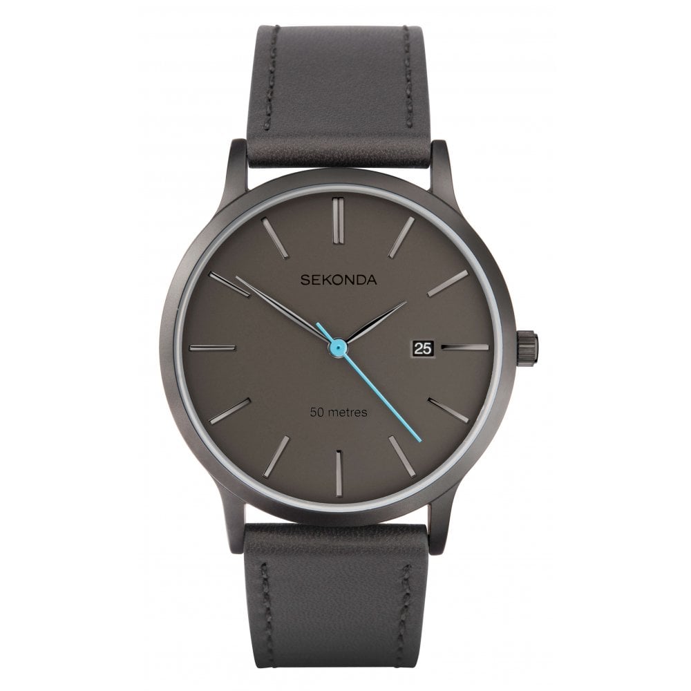 Gun Metal Plated Case With Grey Dial & Grey Leather Strap Gents Watch