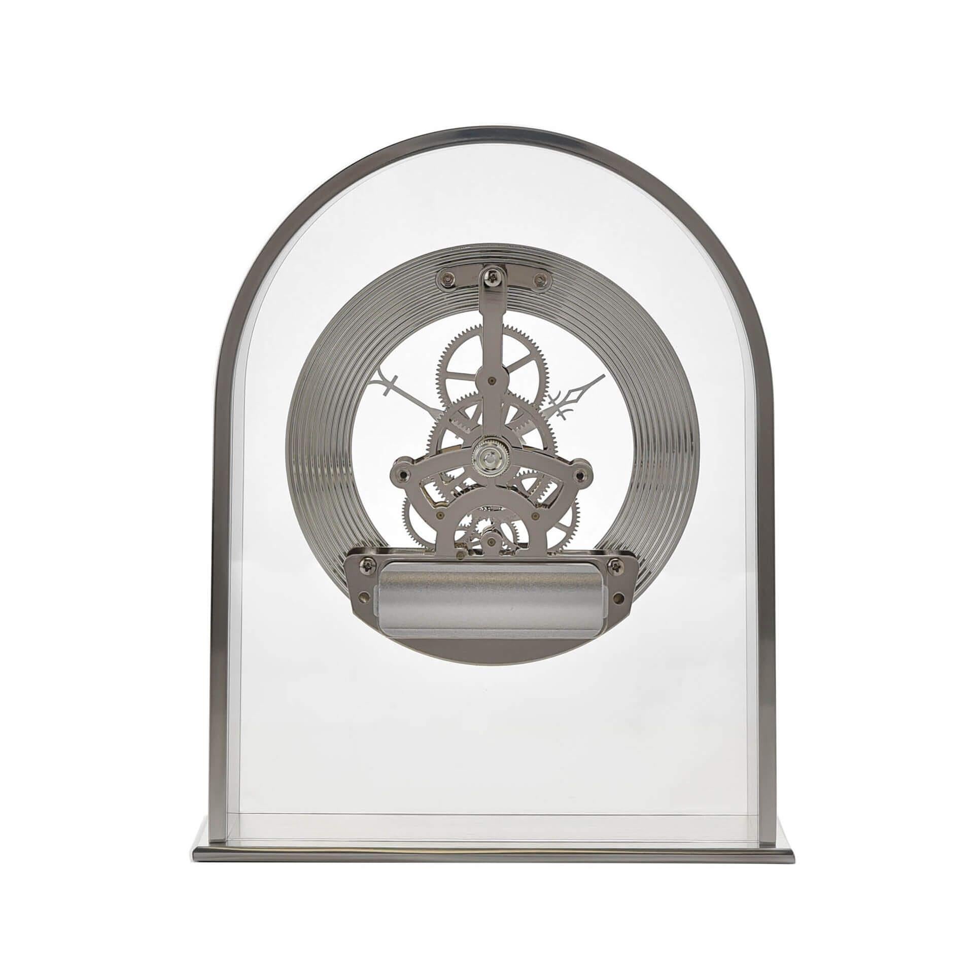 Silver Arch Mantel Clock Skeleton Dial Roman
