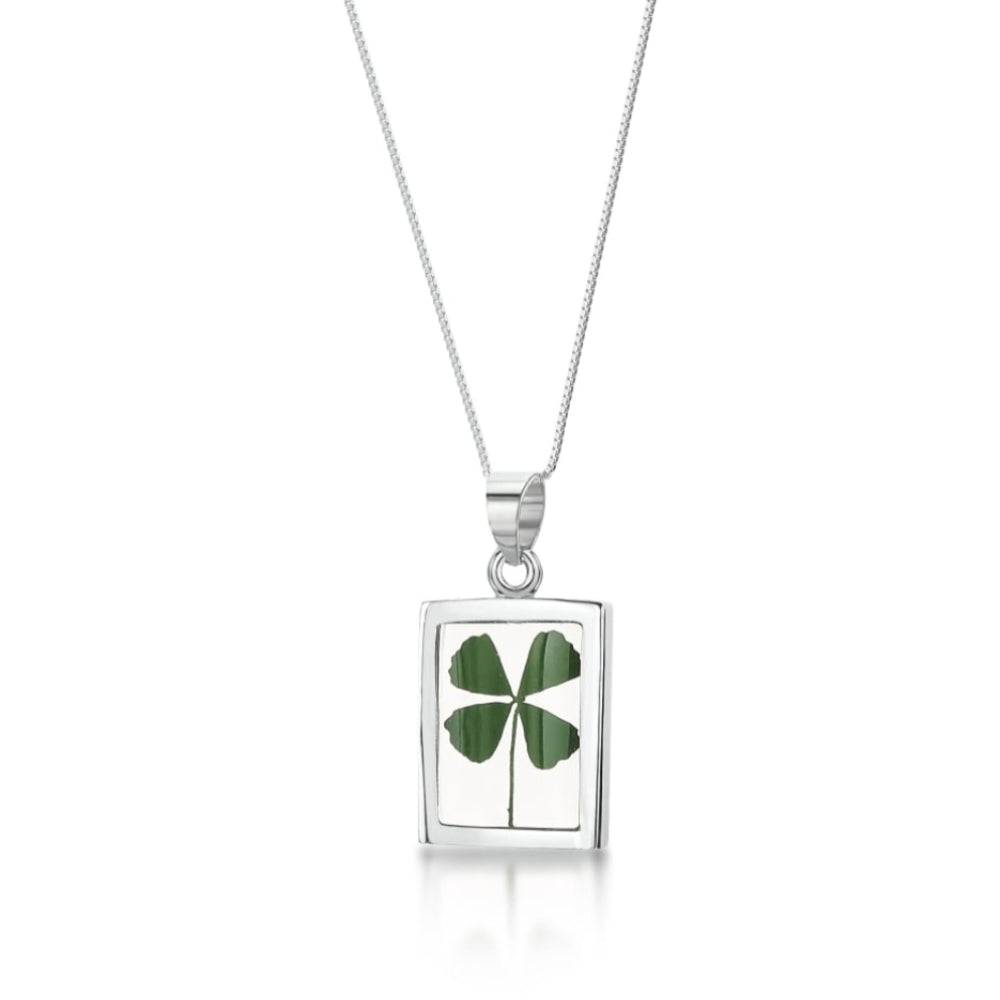 Silver Pendant - Four Leaf Clover - Chunky Rectangle