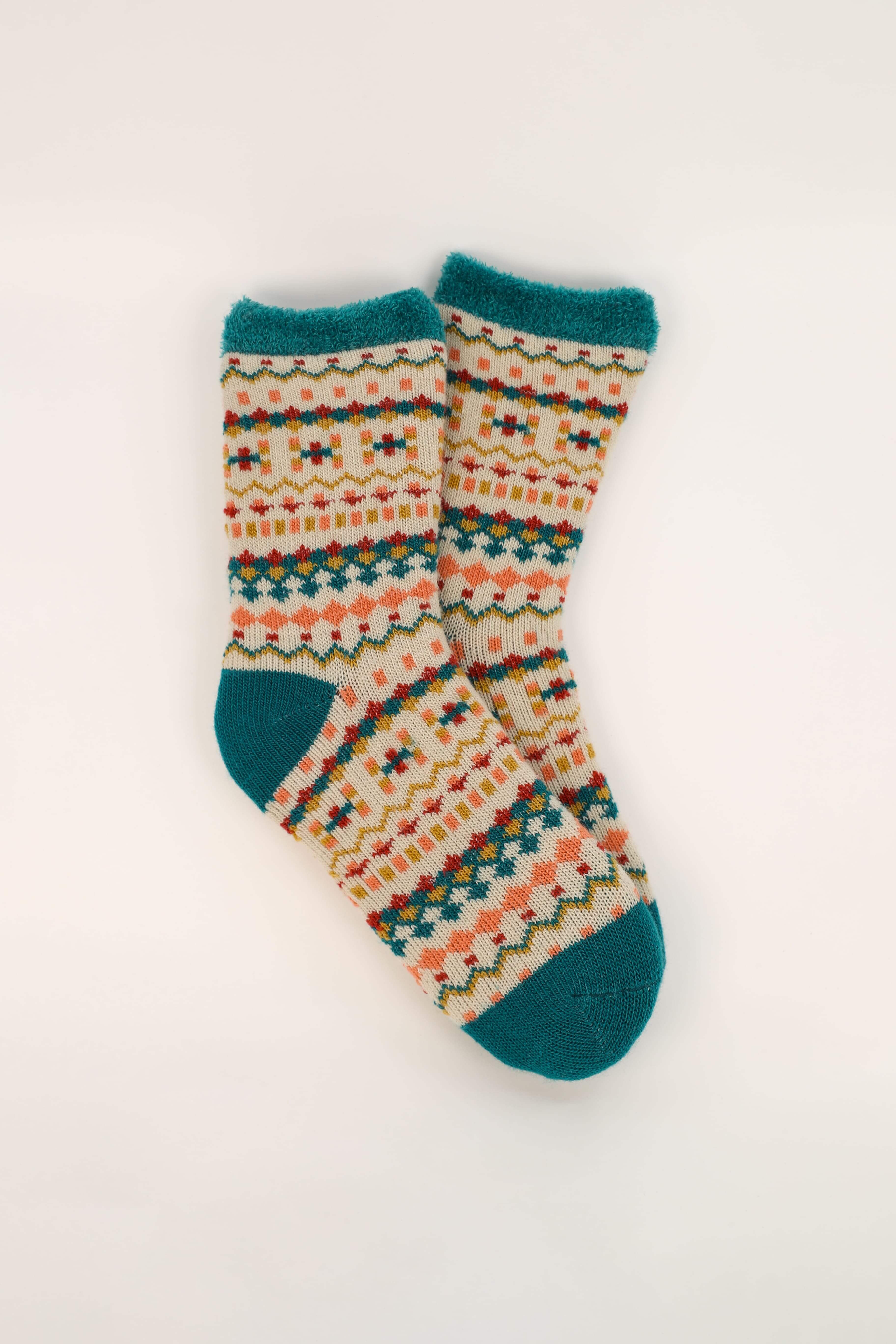Cosy Fair Isle Pretty Pattern Ankle Socks- Teal