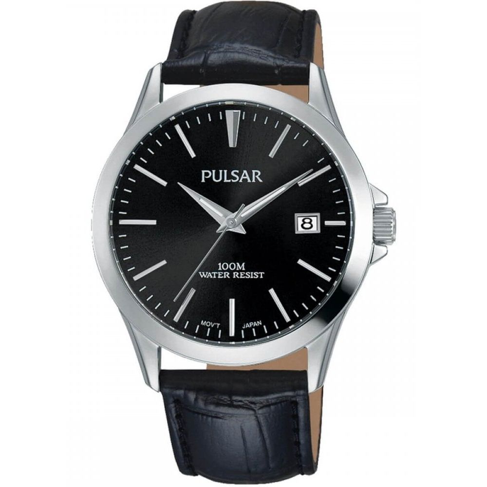 Stainless Steel Case With Black Dial & Black Leather Strap Gents Watch