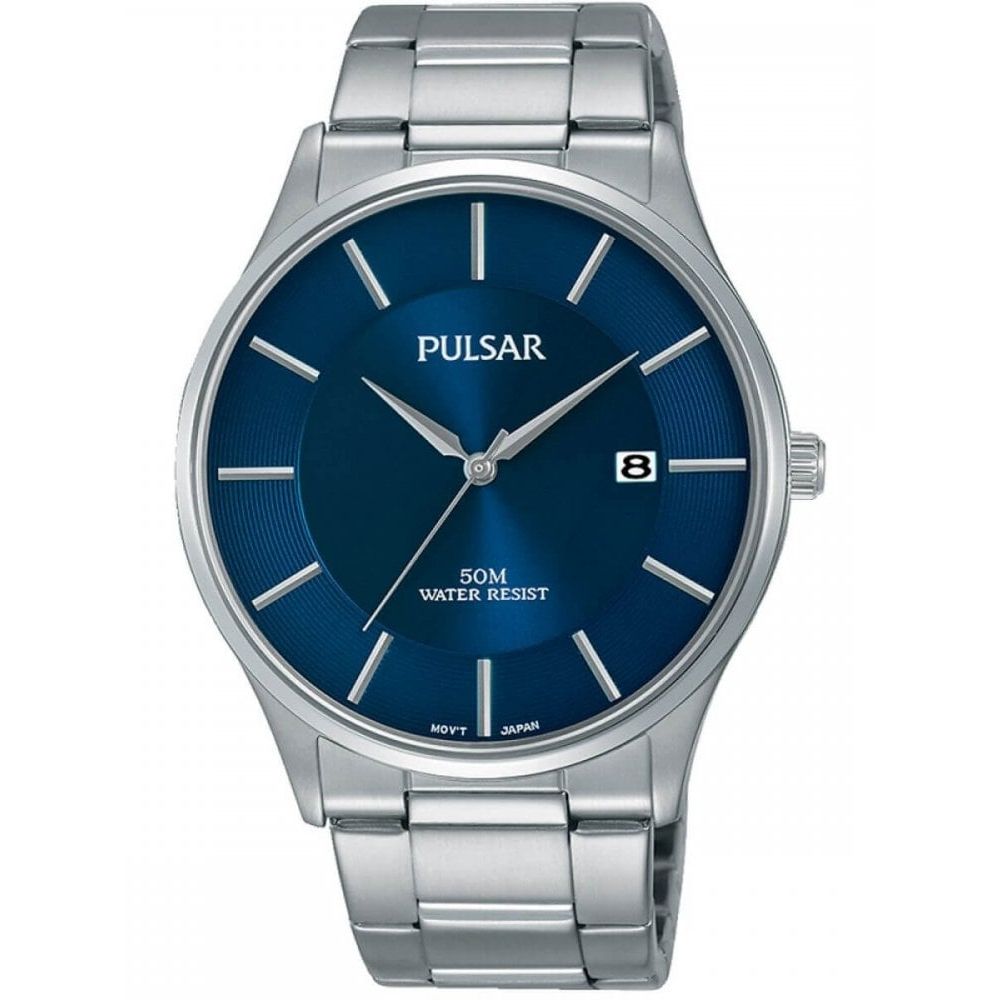 Stainless Steel Case & Blue Date Display Dial With Steel Bracelet Strap Gents Watch