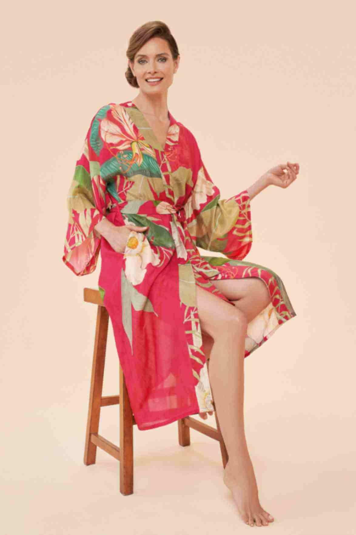 Delicate Tropical Kimono Gown - Dark Rose