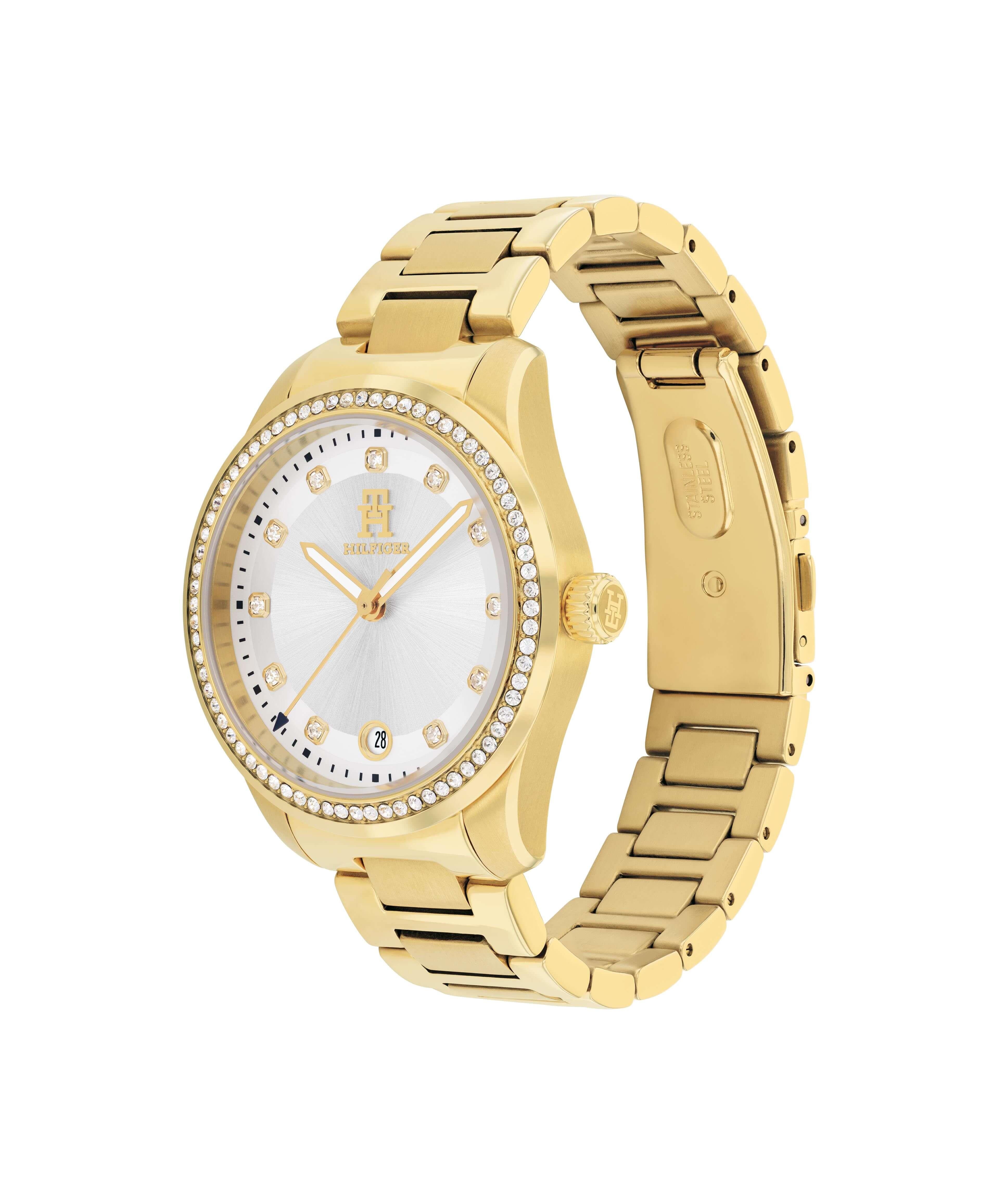 Crystal Set Silver Dial With Gold Plated Bracelet Strap Ladies Watch