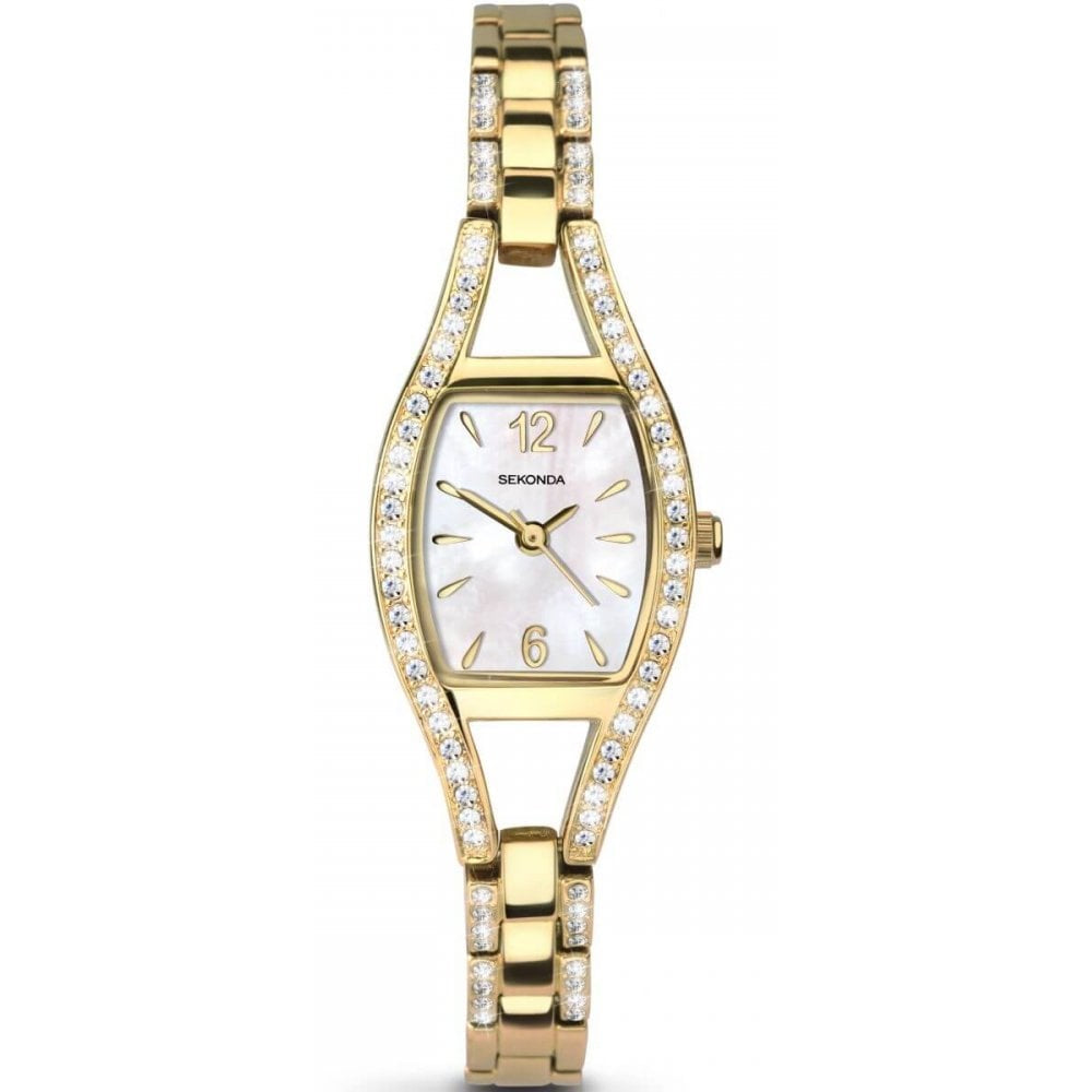Gold Plated Stone Set Case With MOP Dial & Stone Set Bracelet Strap Ladies Watch