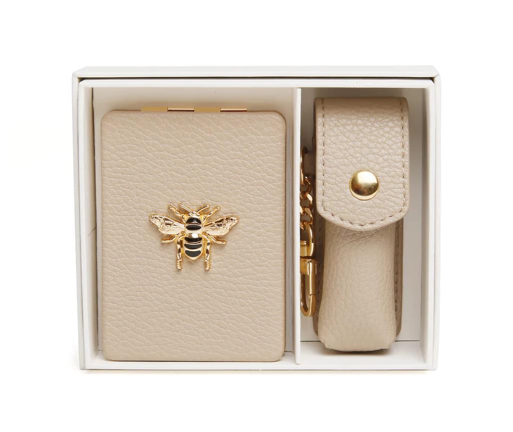 Oblong Compact Mirror & Lipstick Holder Gift Set In Stone