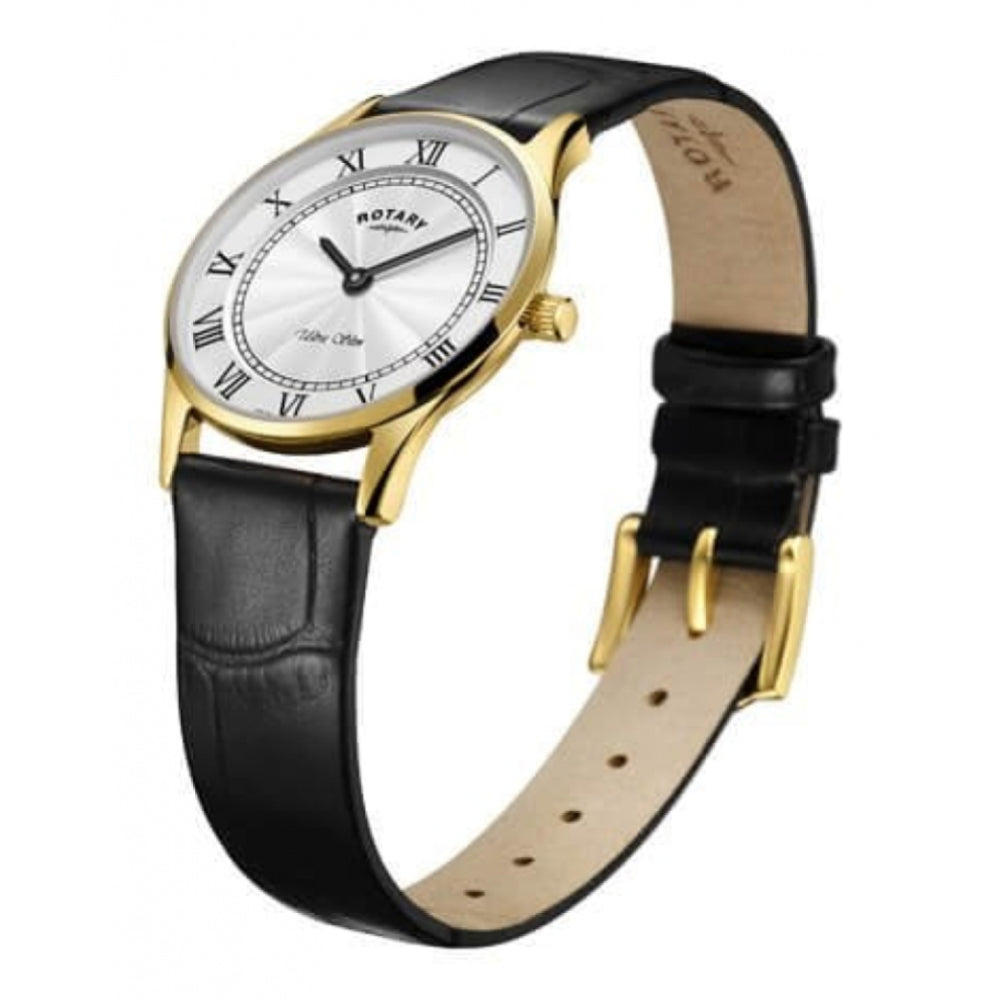 Ultra Slim Gold Tone Stainless Steel White Dial With Black Leather Strap Ladies Watch