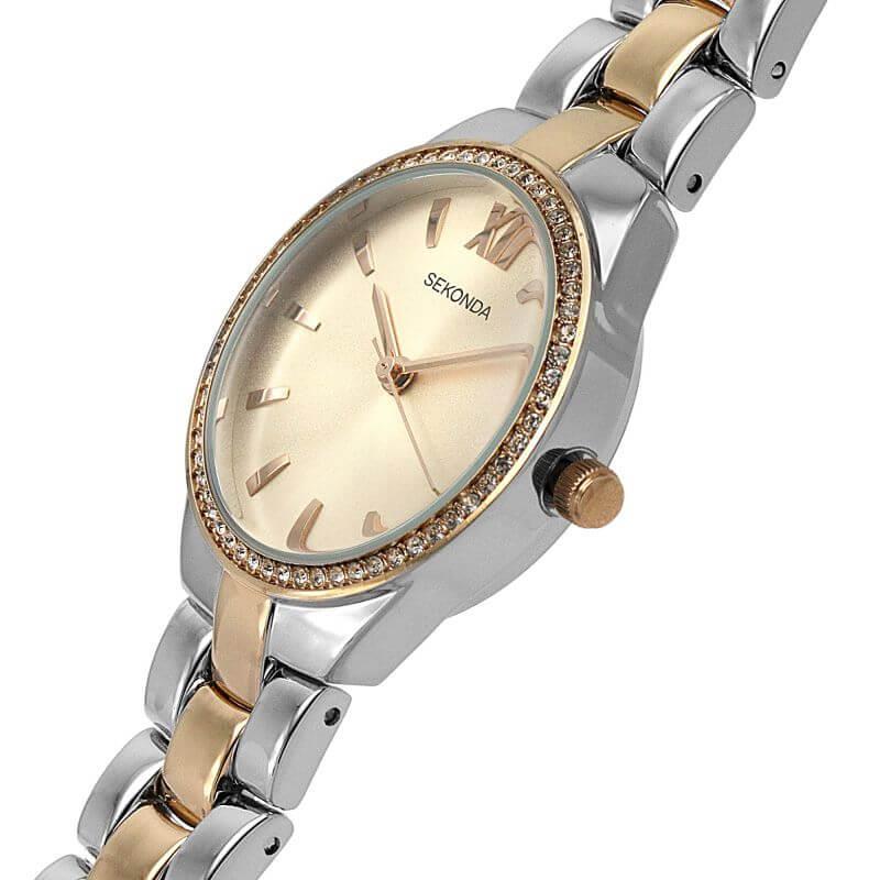 Two Tone Case & Bracelet with Stone Set Rose Dial Ladies Watch