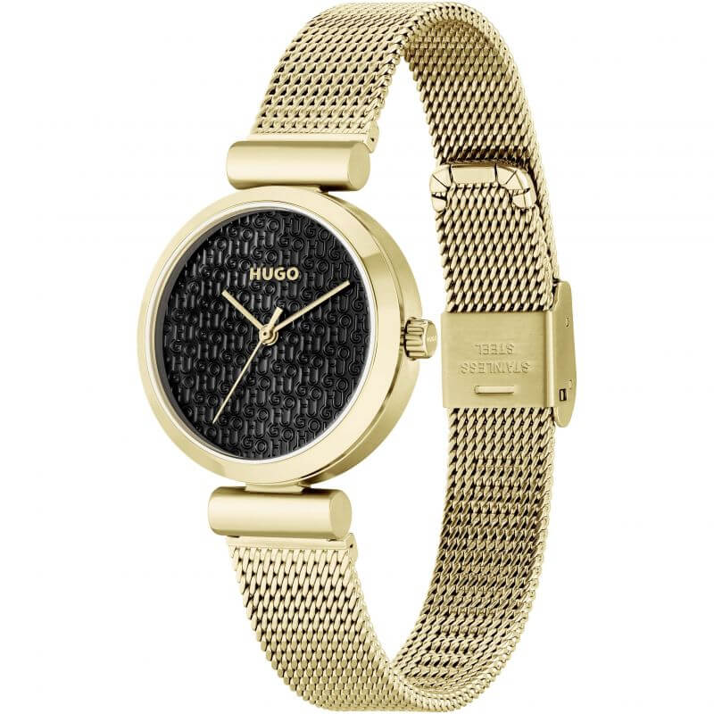 #SWEET Gold Plated Mesh Strap Black Dial Ladies Watch