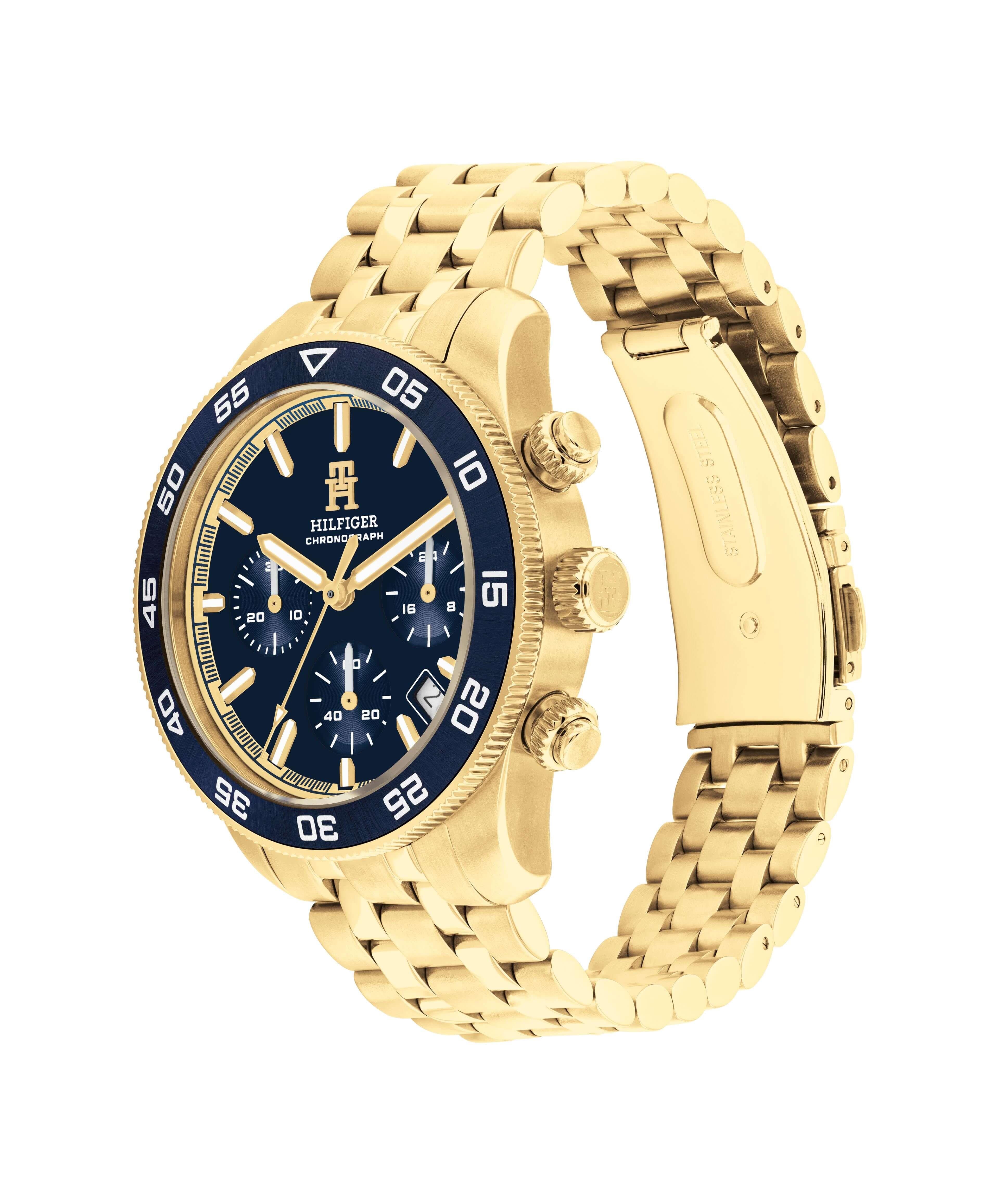 Blue Chronograph Dial Gold Plated Men's Bracelet Watch