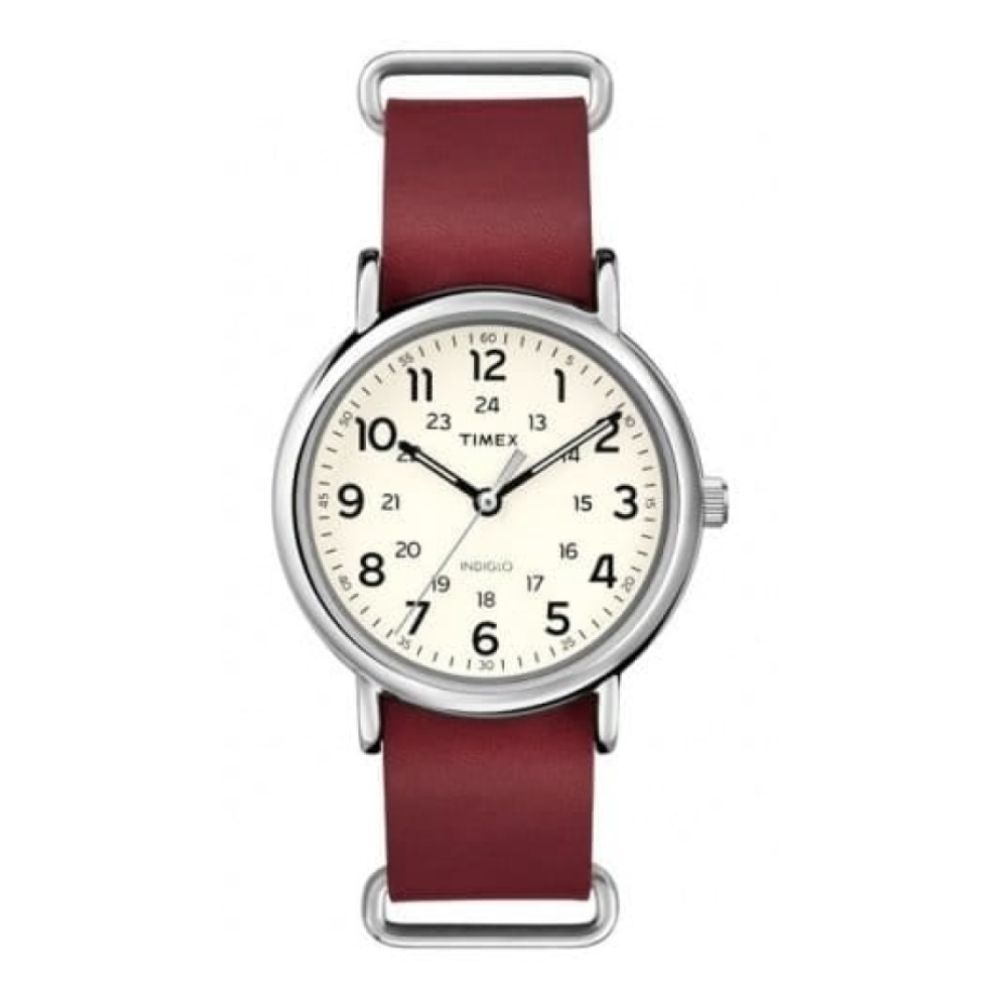 Gents Stainless Steel Wristwatch With Red Leather Strap