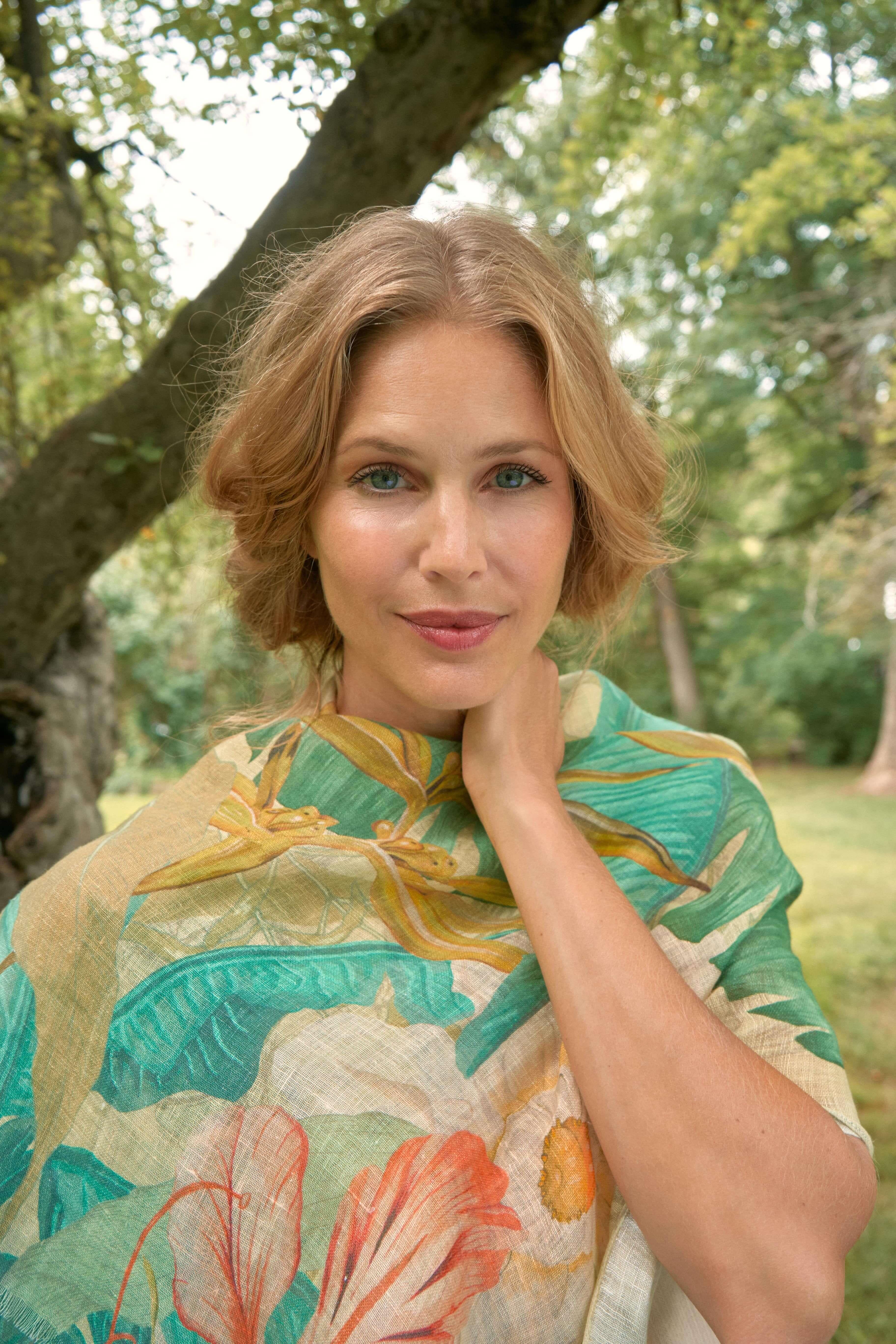 Delicate Tropics Linen Print Scarf- Sage