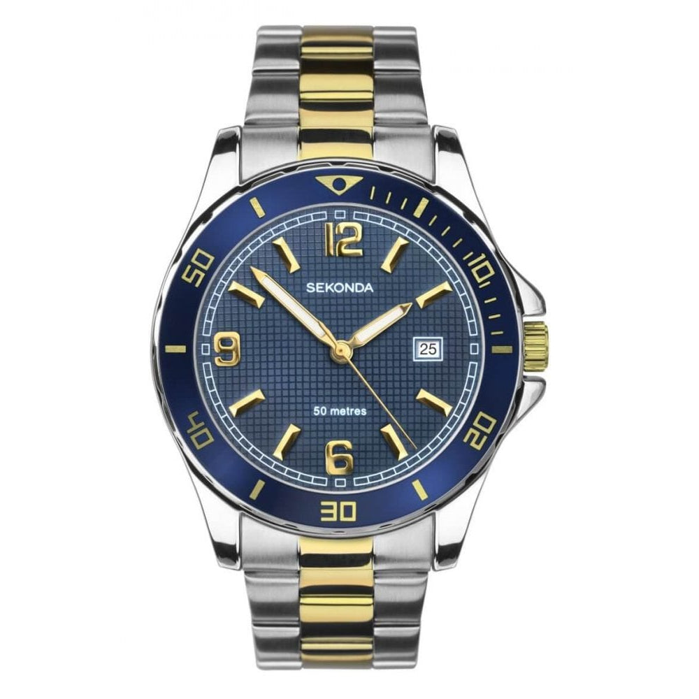 Stainless Steel Case With Patterned Blue Dial & Two Tone Bracelet Strap Gents Watch