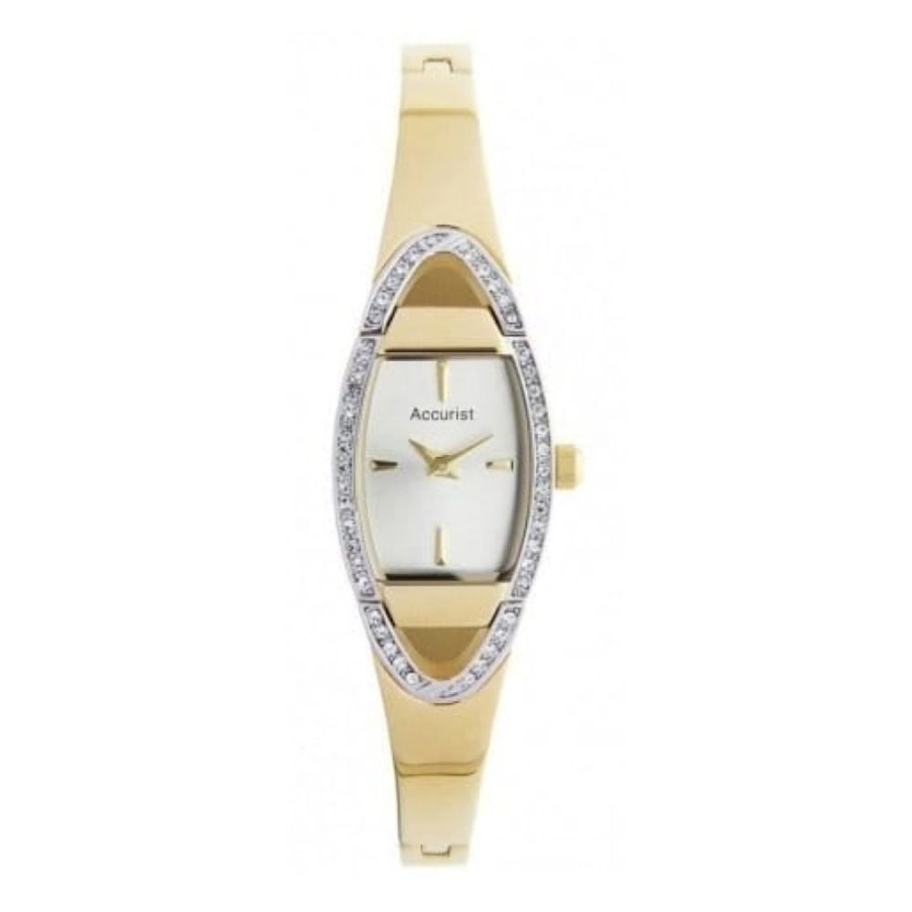 Gold Plated Semi Bangle Bracelet Watch With Silver Dial