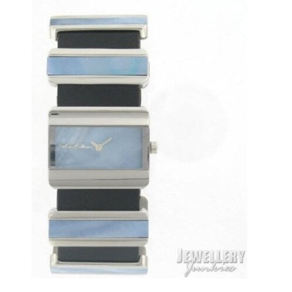 Stainless Steel Square Dial & Blue MOP Links With Black Leather Strap Ladies Watch