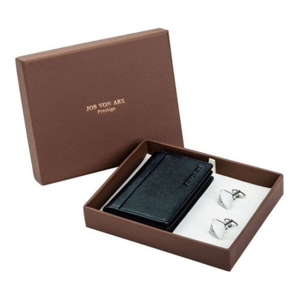 Men's Gift Set With Matt Black Leather Business Card Holder & Square Cufflinks