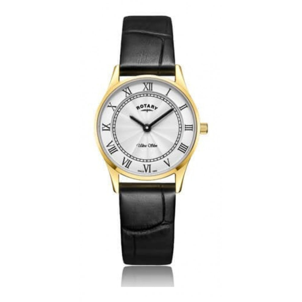 Ultra Slim Gold Tone Stainless Steel White Dial With Black Leather Strap Ladies Watch