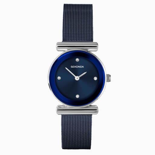 Ava Blue Dial With Alloy Case & Blue IP Mesh Bracelet Strap Ladies Watch