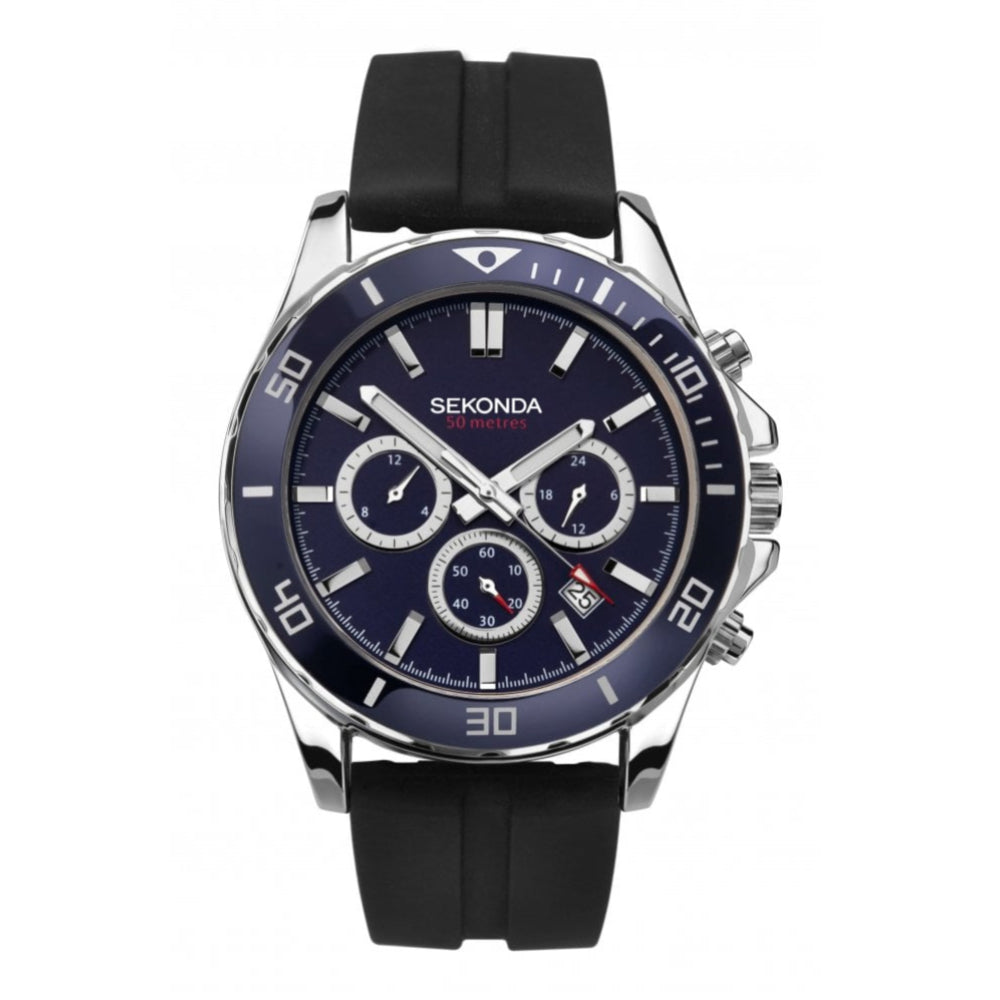 Stainless Steel Case With Blue Dual Time Dial & Black Rubber Strap Gents Sports Watch
