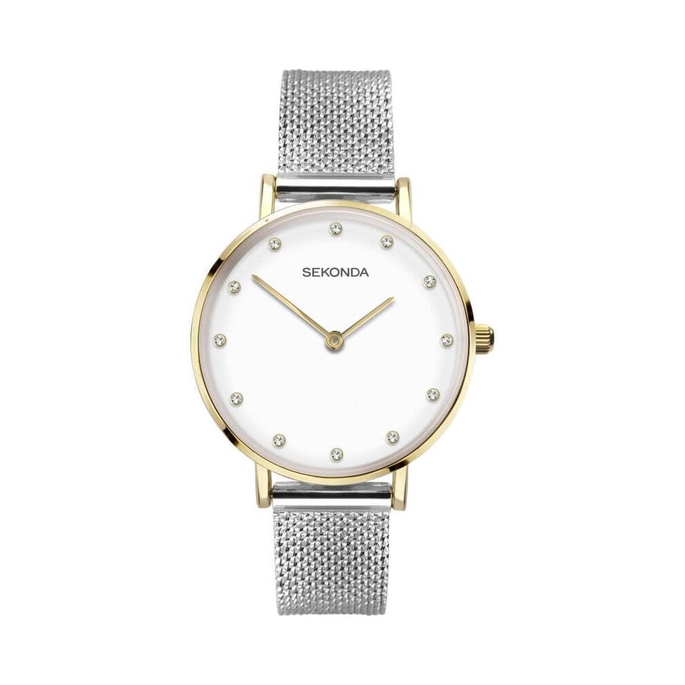 Gold Plated White Stone Set Dial With Steel Mesh Strap Ladies Watch