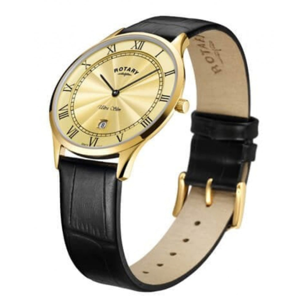 Ultra Slim Gold Tone Stainless Steel Champagne Dial With Black Leather Strap Gents Watch