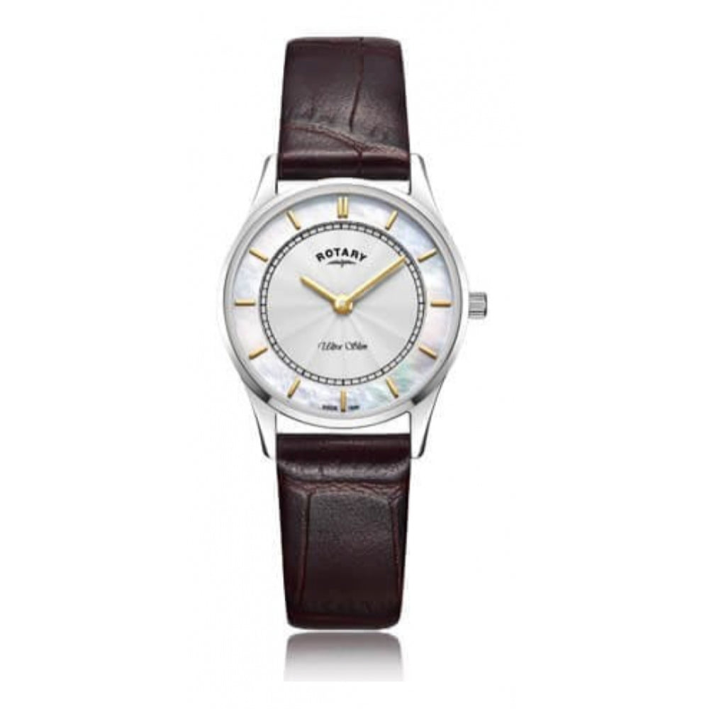 Ultra Slim Stainless Steel White Dial With Brown Leather Strap Ladies Watch