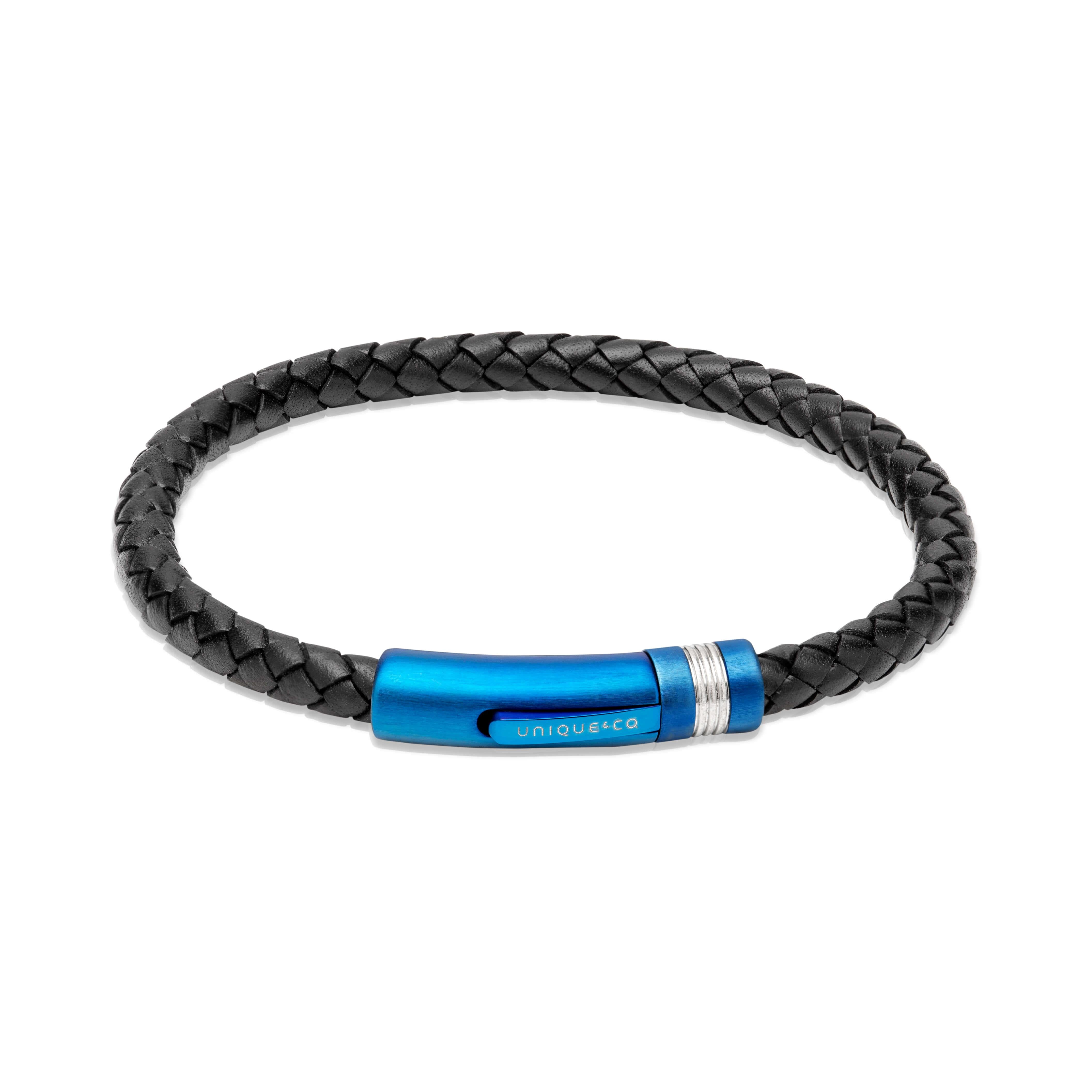Black Leather Bracelet - Steel Clasp With Blue IP