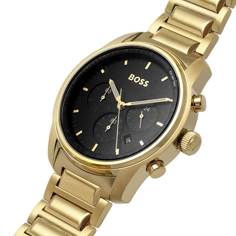 Trace Black Chronograph Dial Gold Tone Strap Watch