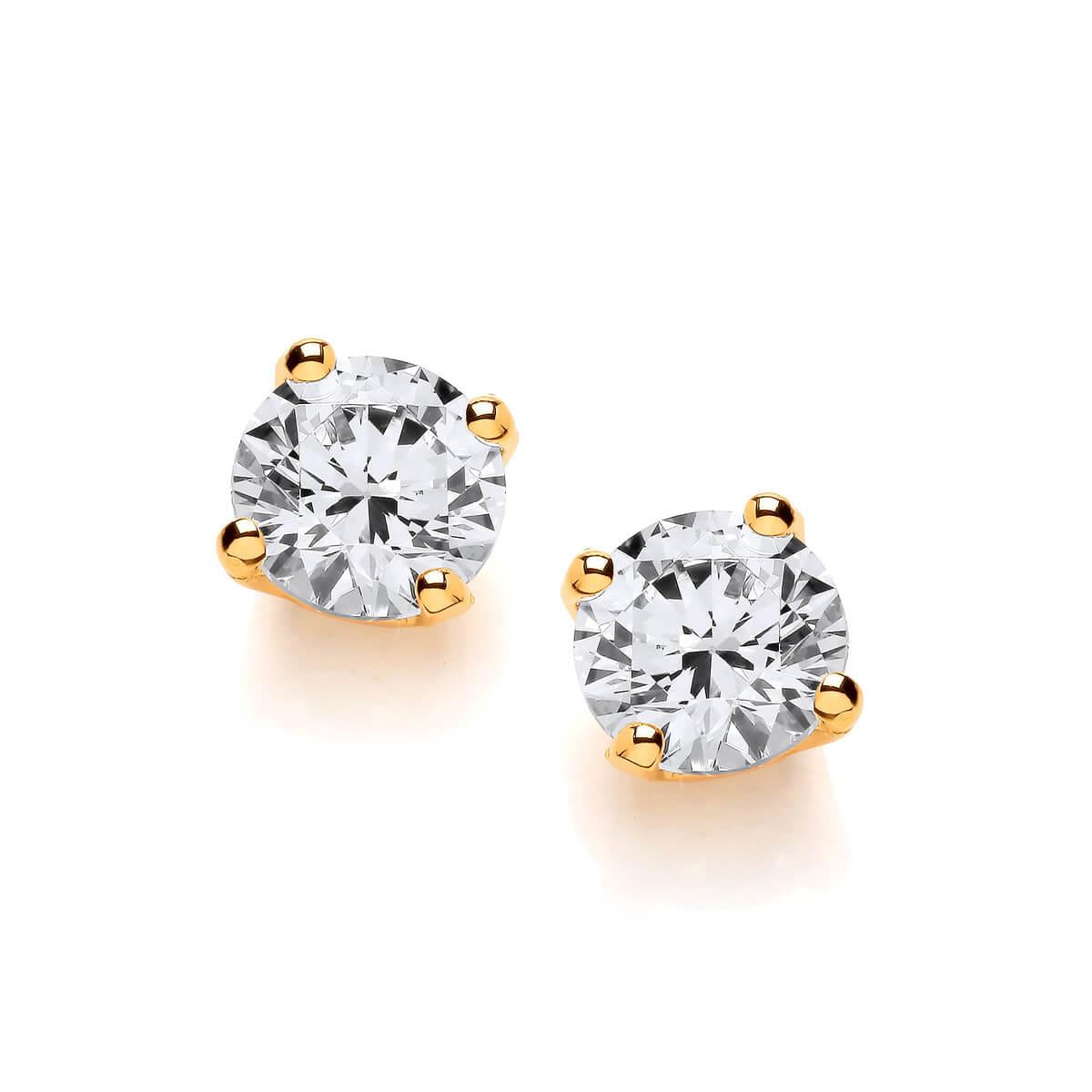 Simple Gold Plated Cubic Zirconia Solitaire Earrings (8mm) 1 1/2t