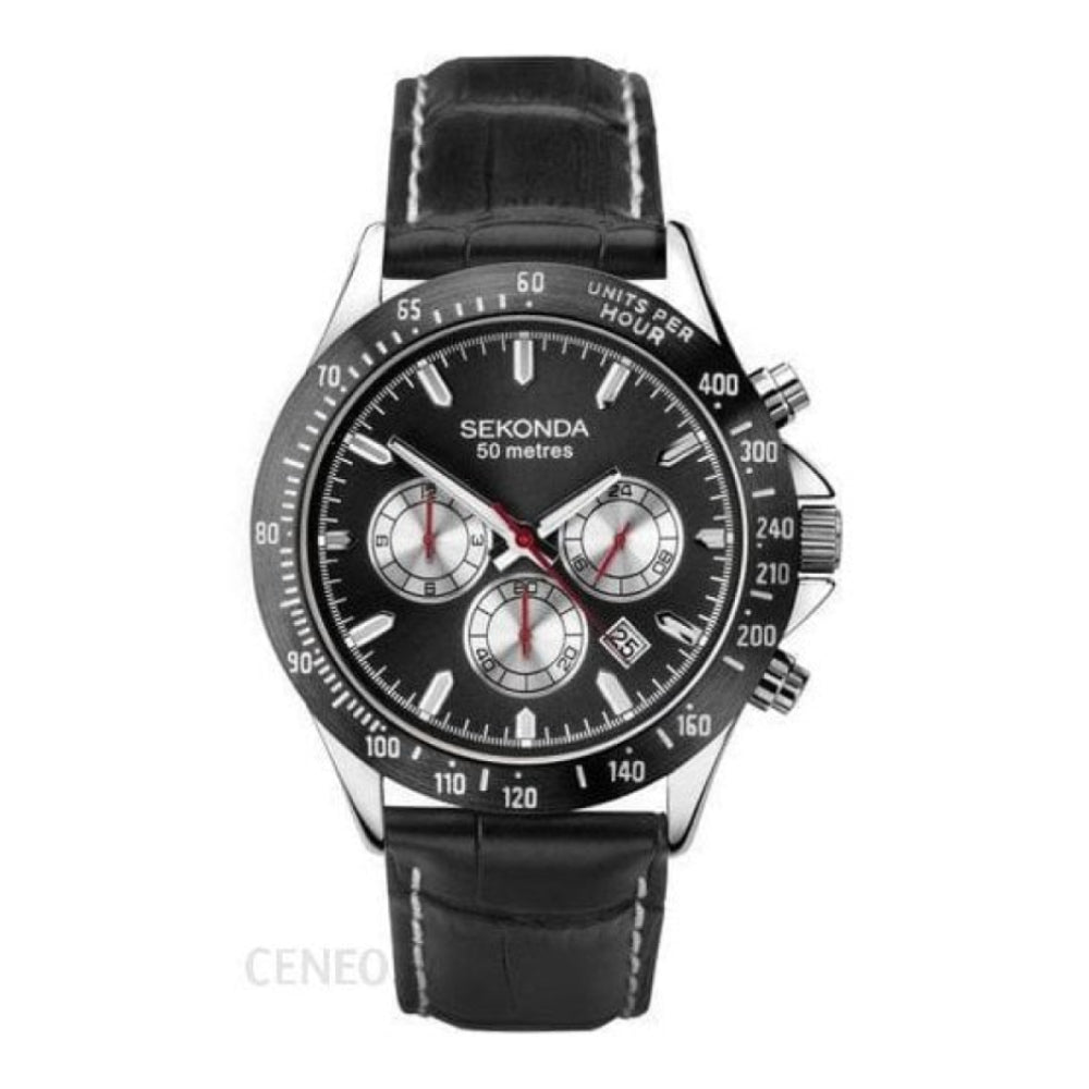 Black Leather Strap With Chrome Coloured Case & Black Dial Multifunction Gents Watch