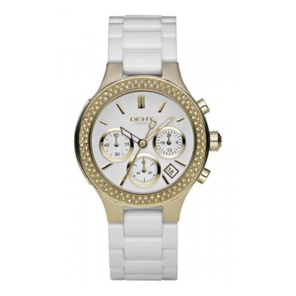 Ladies Ceramic Gold And White Chronograph Watch