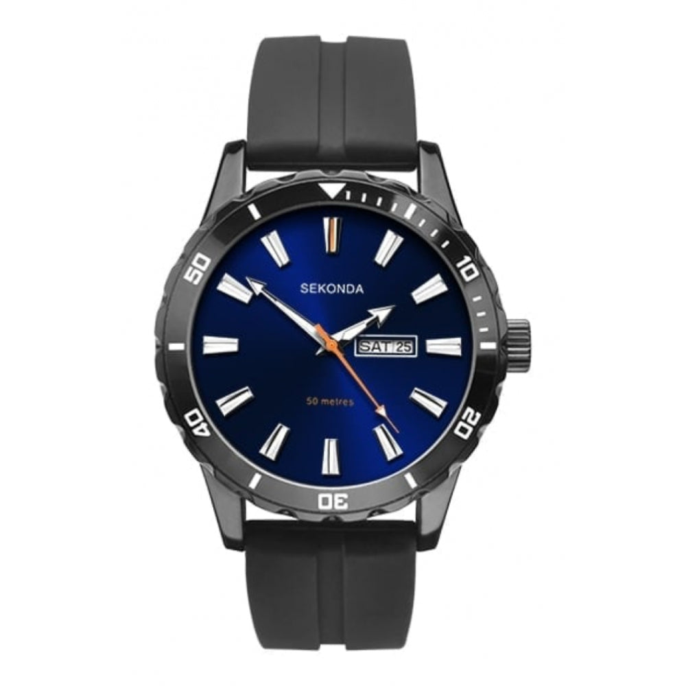 Ion Plated Blue Sunray Dial With Black Rubber Strap & Day/Date Window Gents Watch