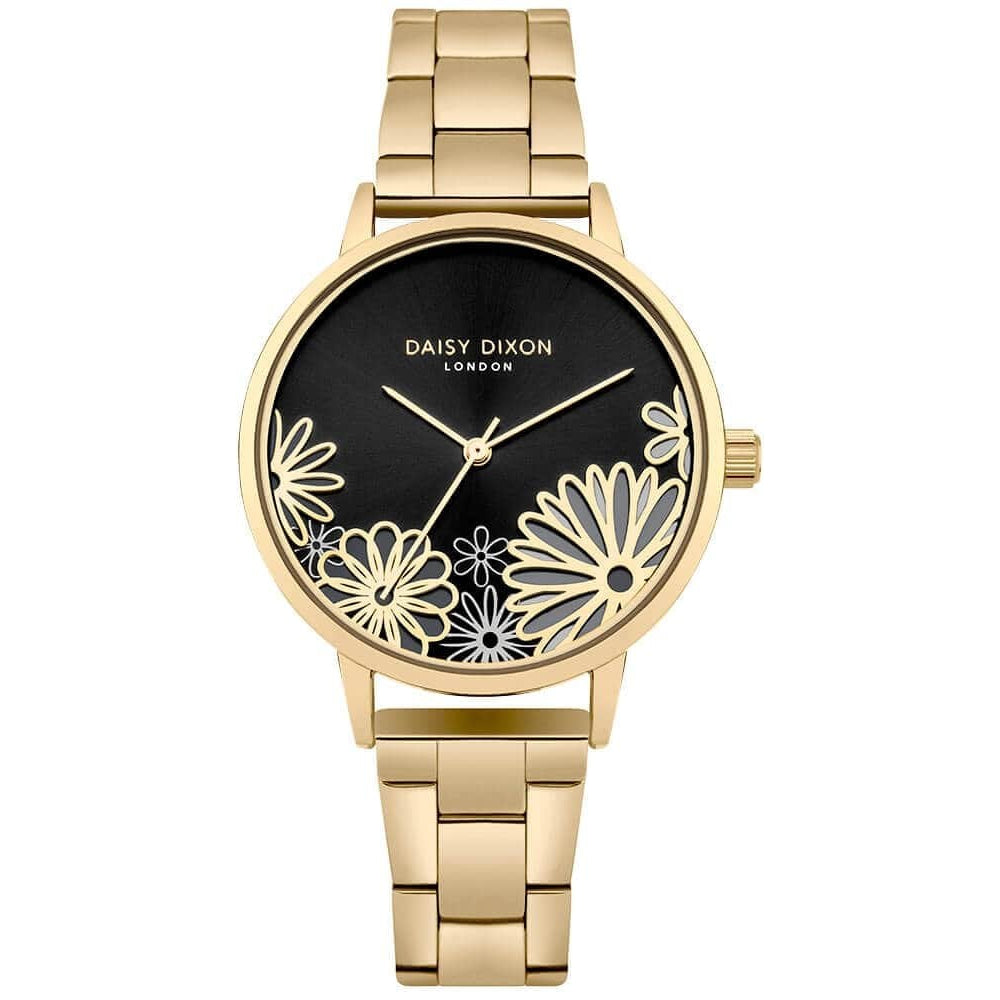 Gold Bracelet With Black & Gold Flower Printed Dial Ladies Watch