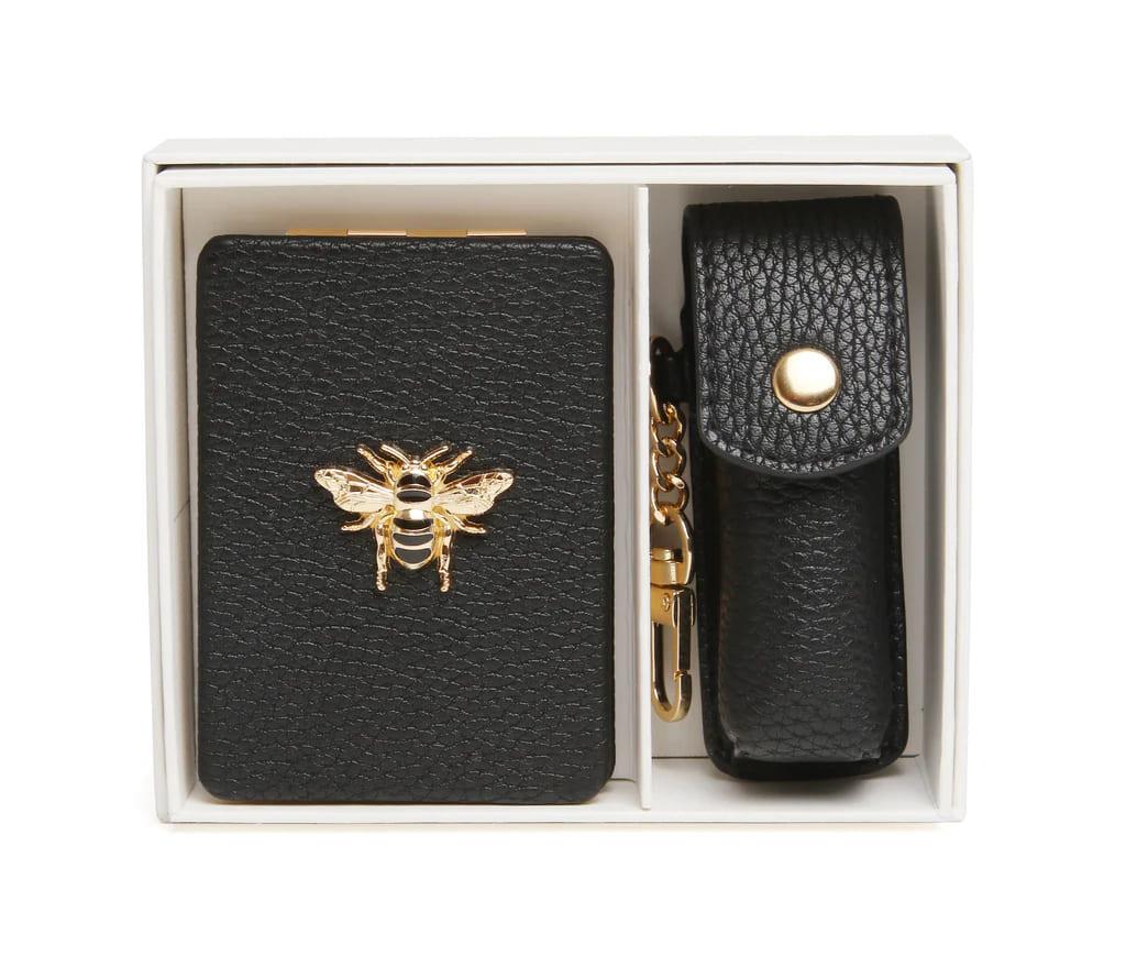 Oblong Compact Mirror & Lipstick Holder Gift Set In Black