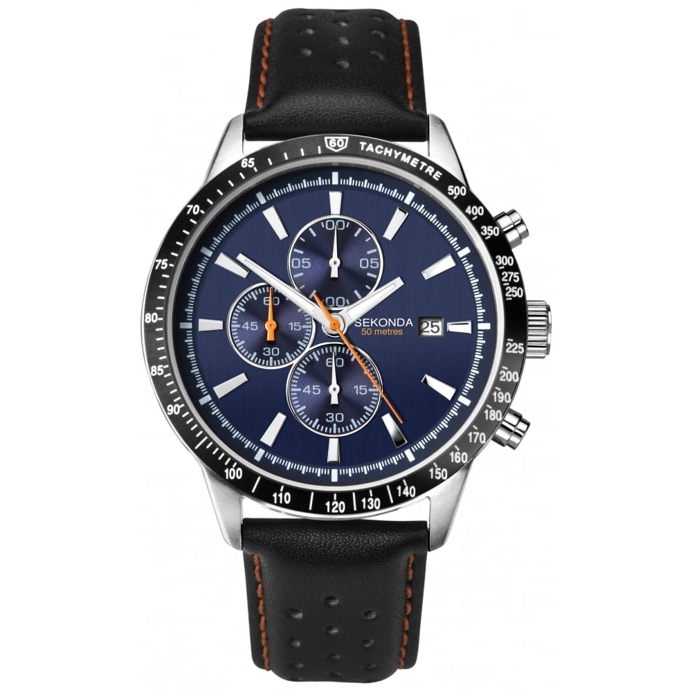 Stainless Steel Blue Dial & Black Leather Chronograph Gents Watch