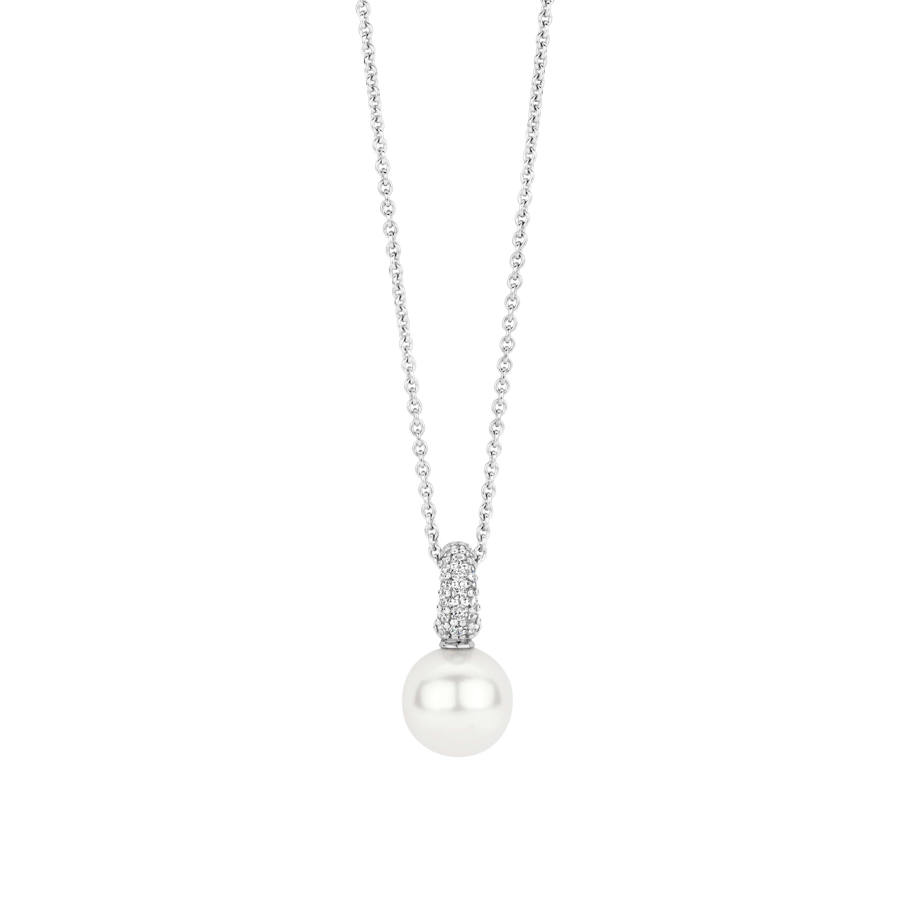 White Pearl With CZ Hook Pendant & Silver Chain Necklace