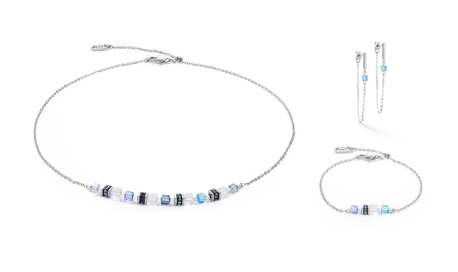 Mini Cubes & Chain Necklace In Blue-Silver