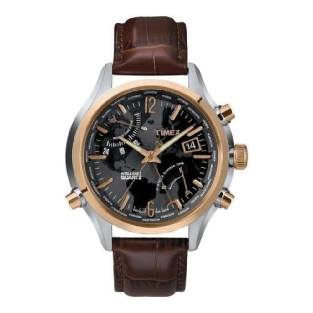 Gents IQ World Time Brown Leather Strap Watch