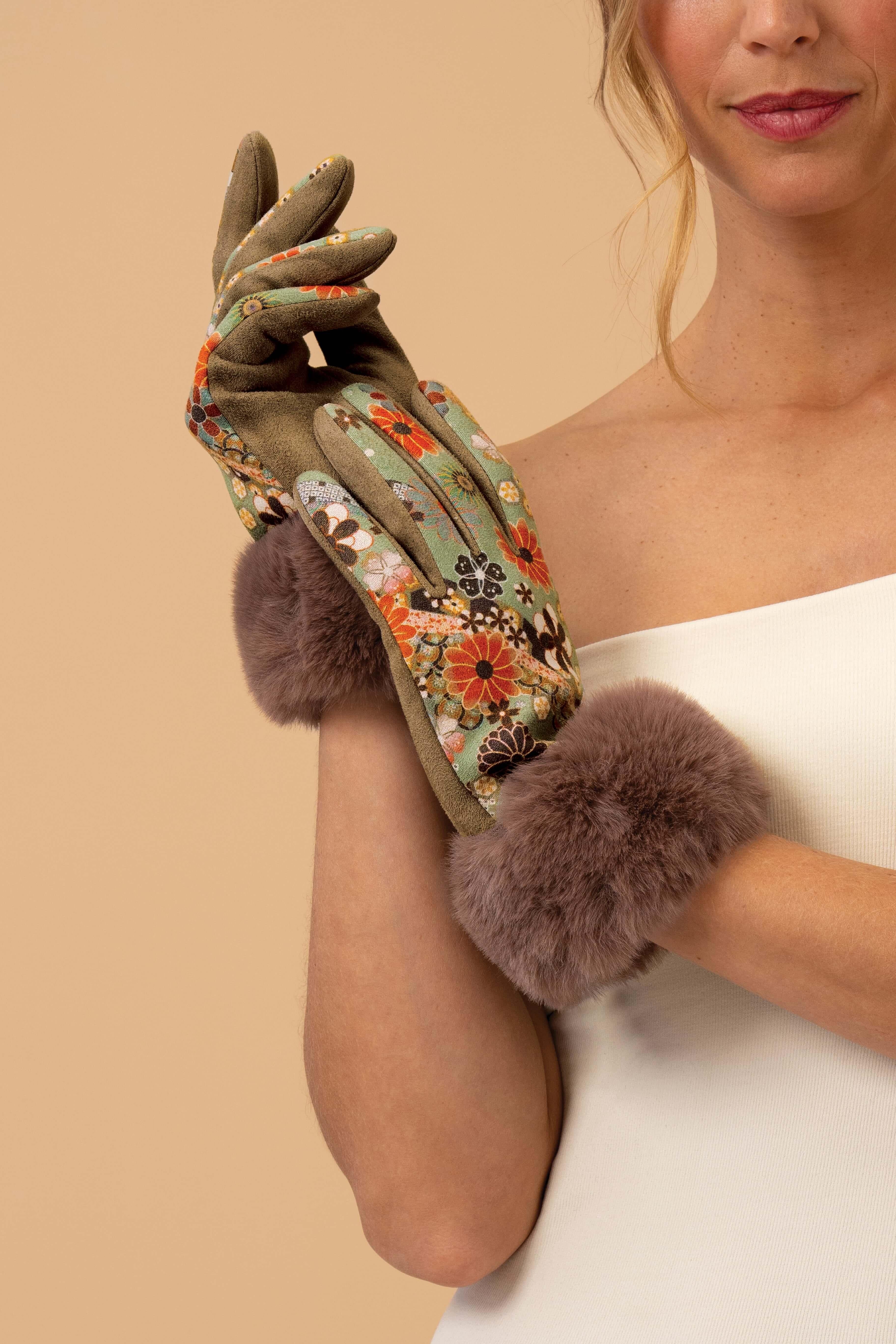 Bernadette Gloves -70s Floral Kaleidoscope Olive