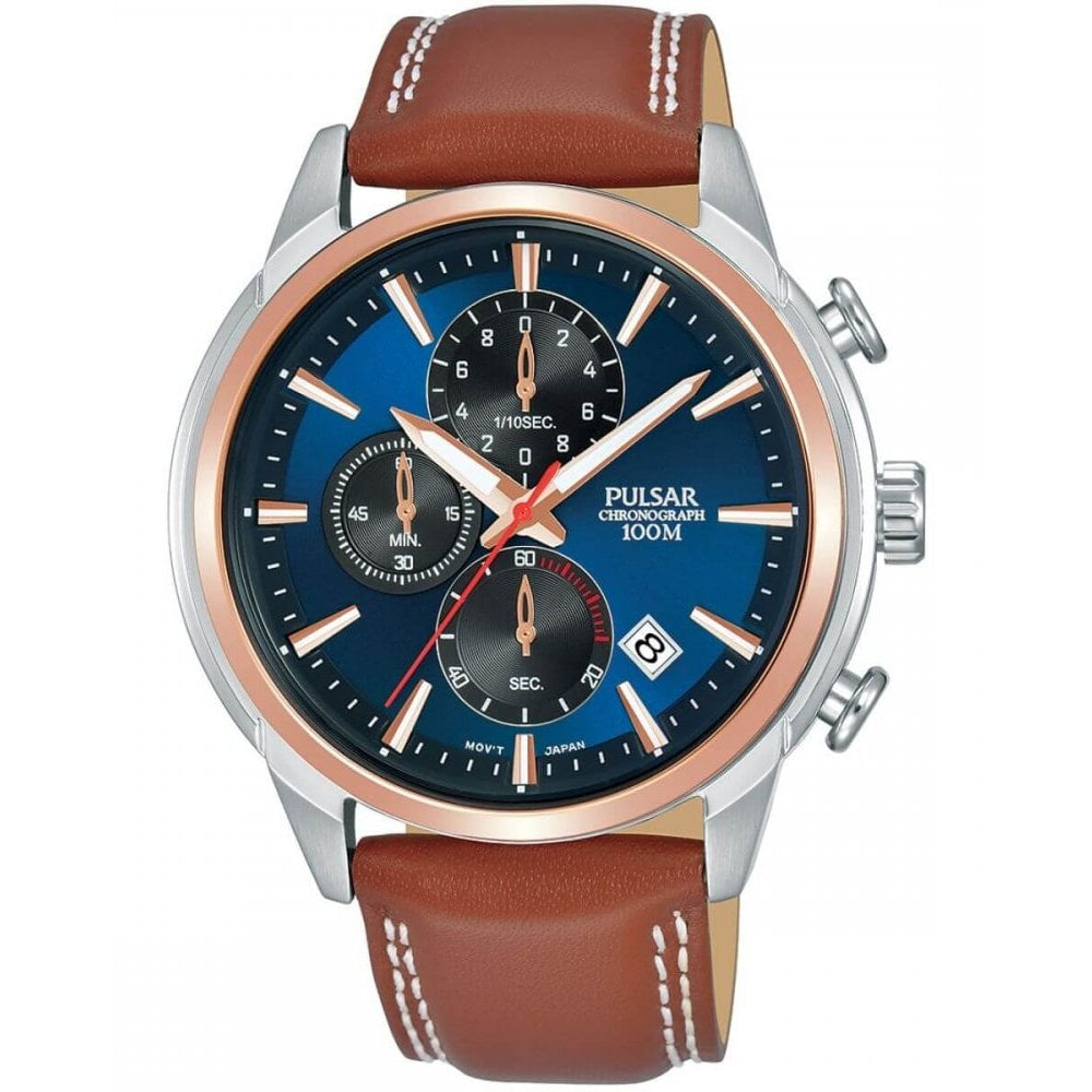 Stainless Steel & Rose Gold Tone Case With Blue Chronograph Dial & Tan Leather Strap Gents Watch