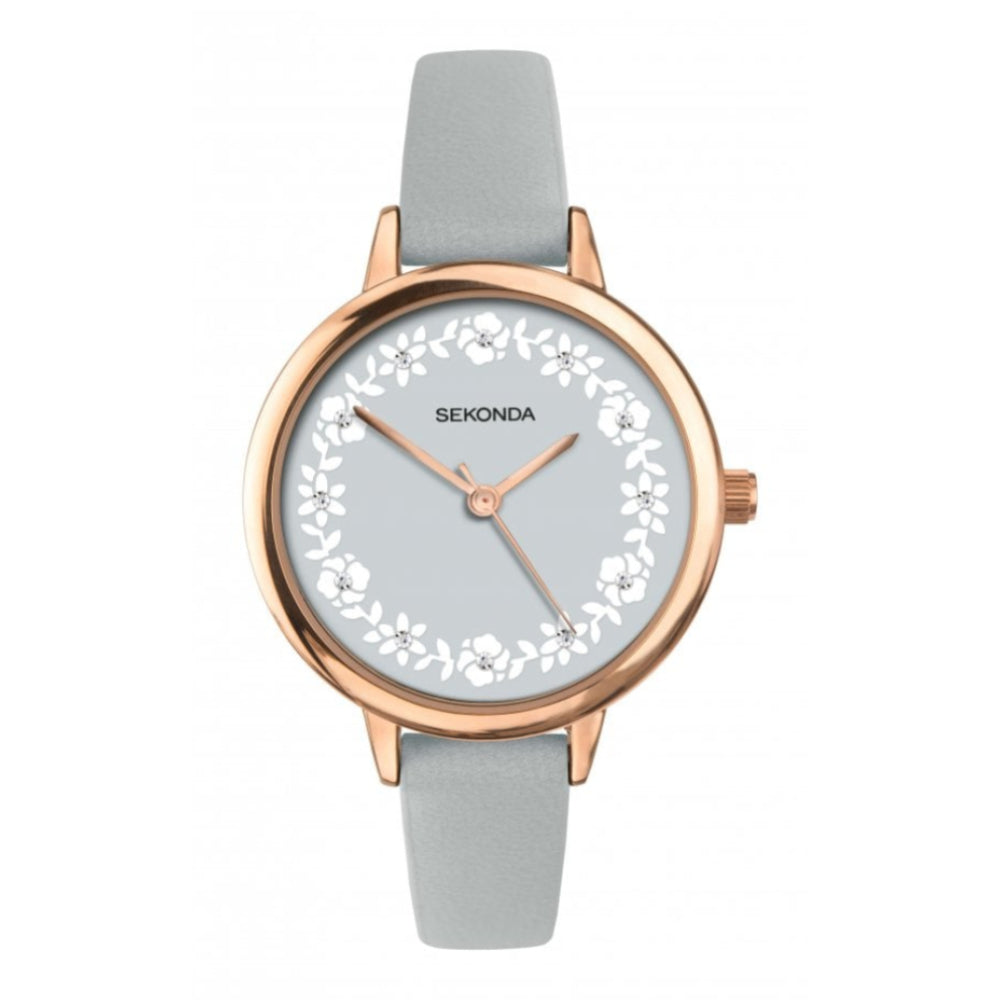 Rose Gold Plated Case With Grey Stone Set Dial & Grey PU Strap Ladies Watch