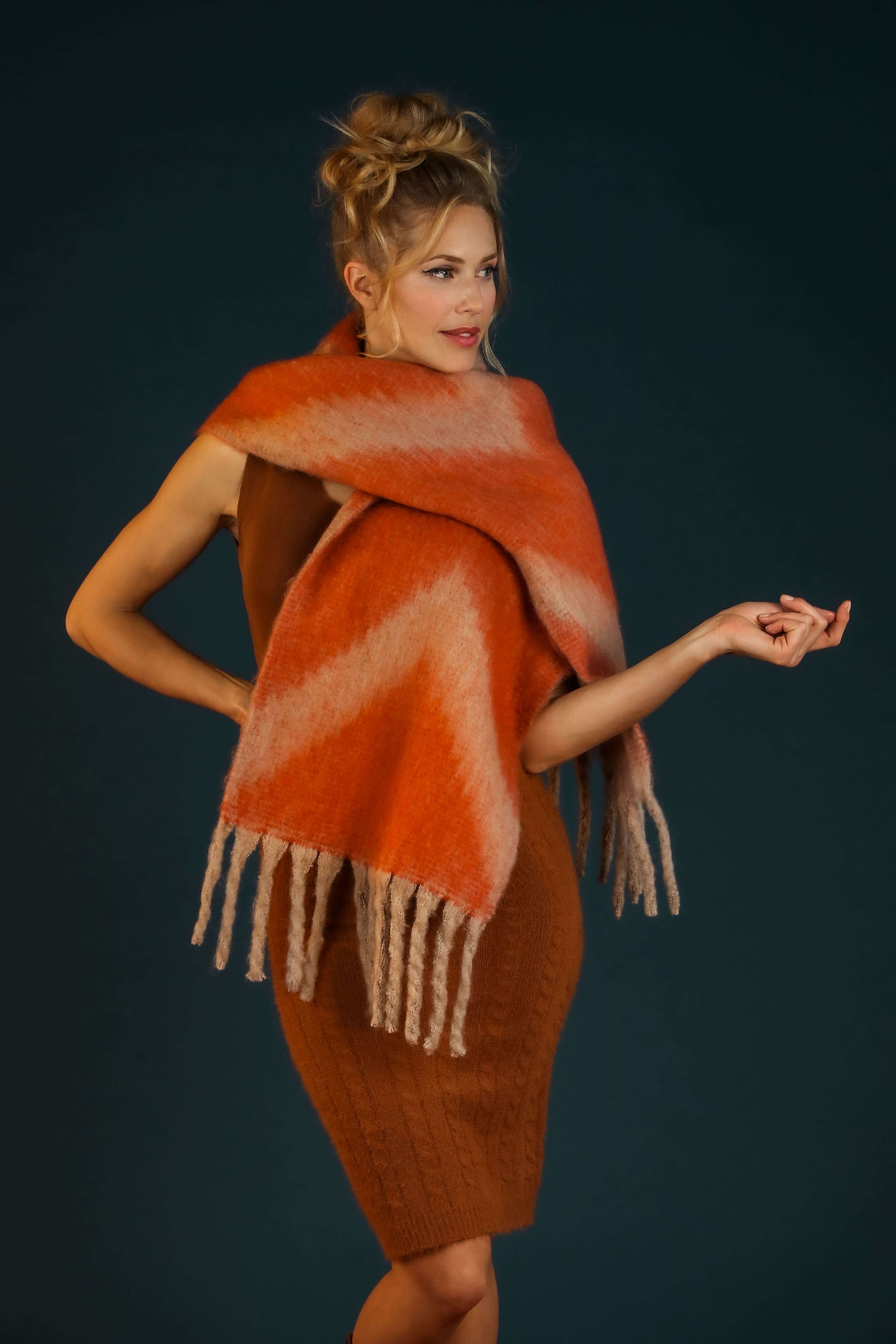 Ciara Cosy Chevron Scarf - Tangerine/Mist