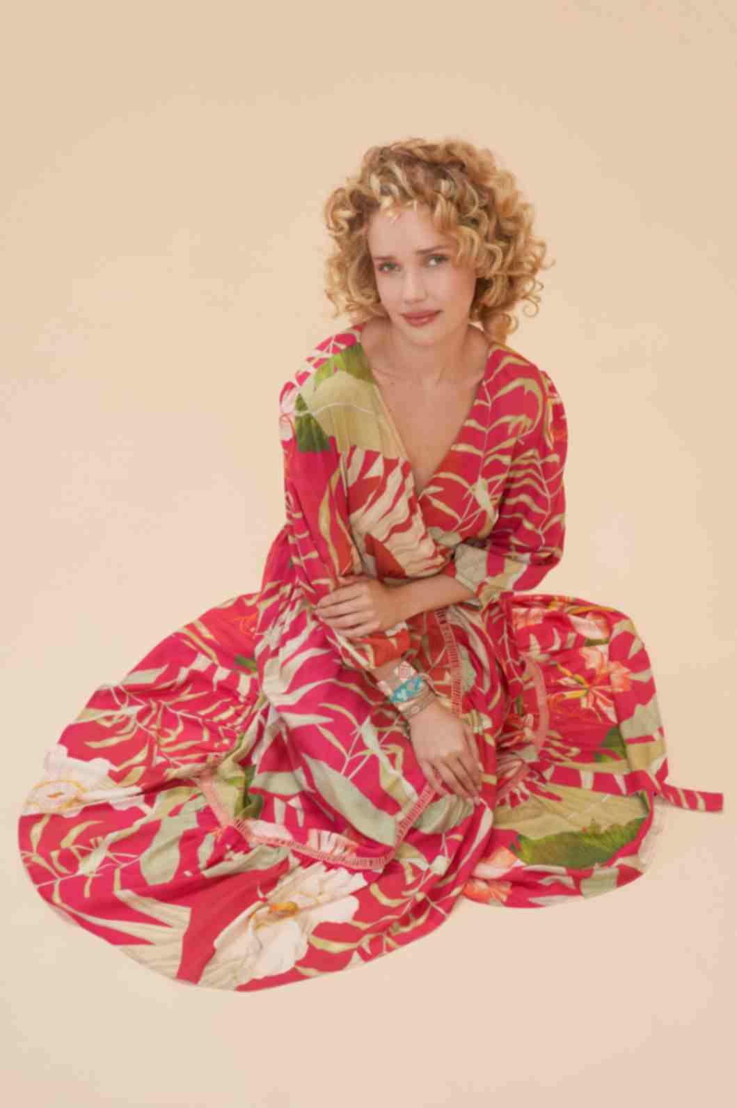 Delicate Tropical Wrap Dress - Dark Rose