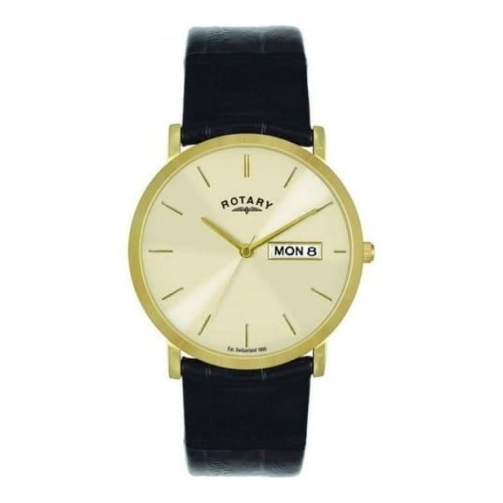 Black Leather Champagne Dial Date Watch