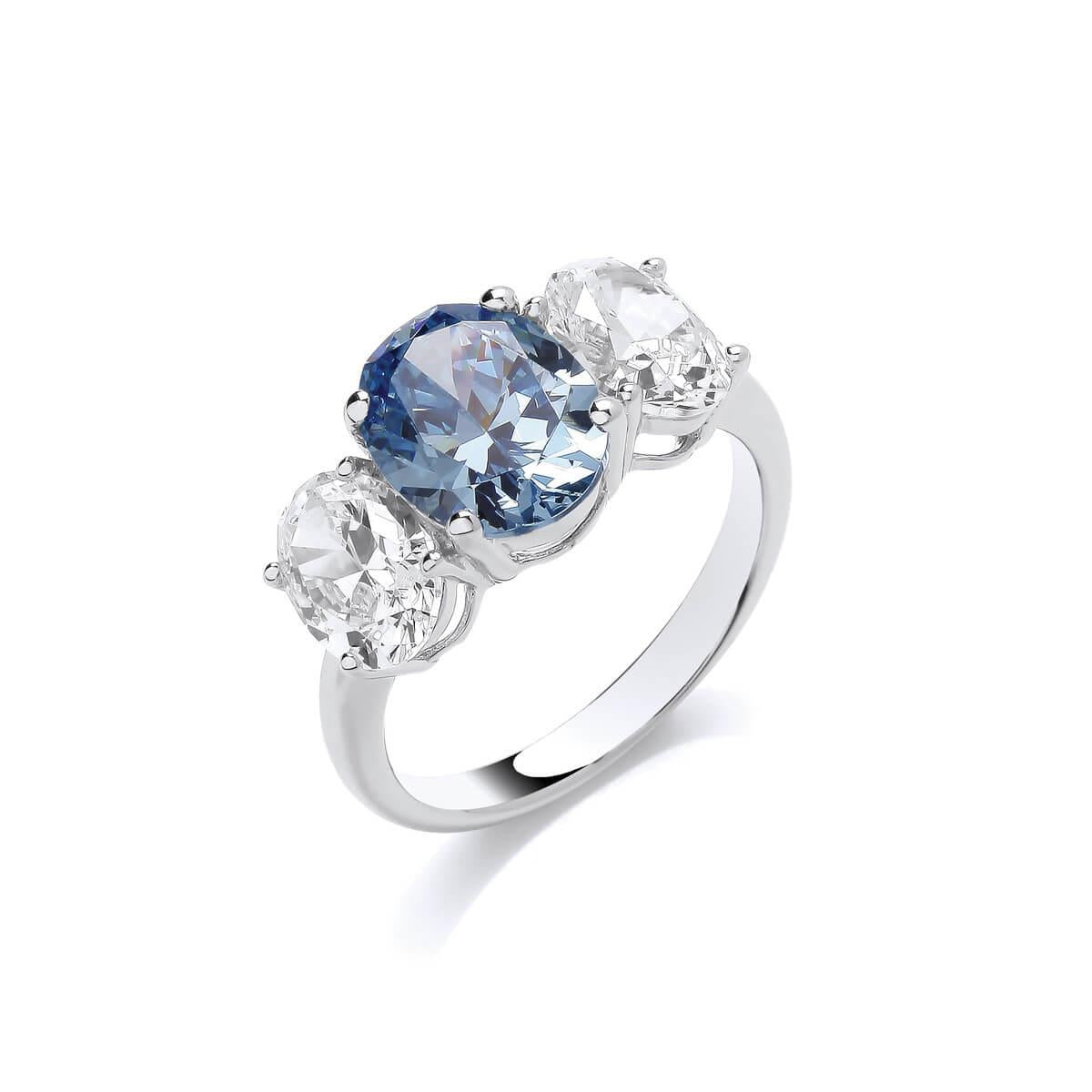 Silver & Aqua Cubic Zirconia Trinity Ring- 7/N