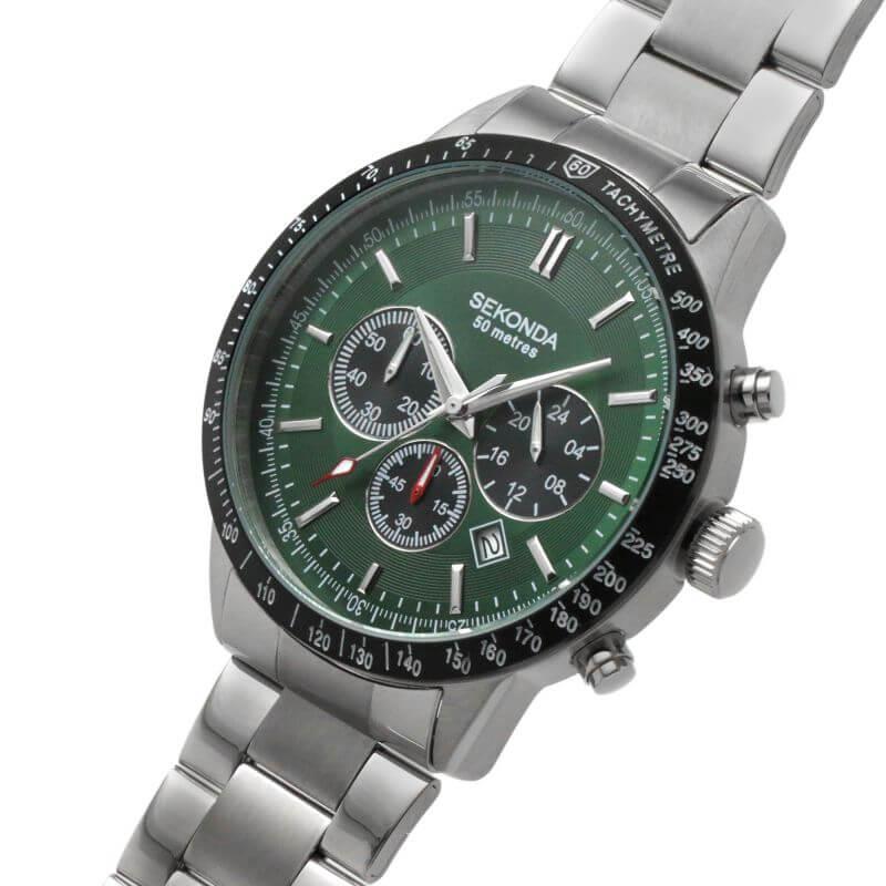 Silver Case With Green Dial & Stainless Steel Bracelet Men's Chronograph Watch
