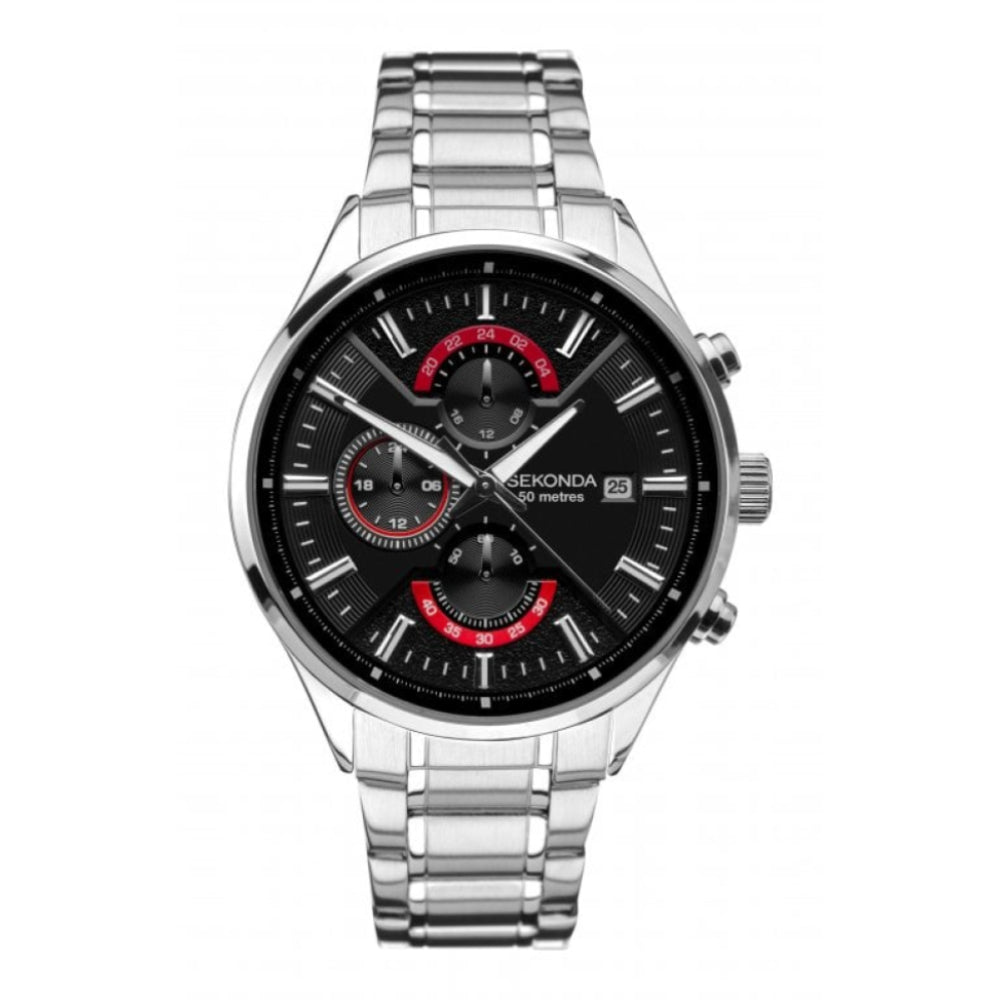 Stainless Steel Bracelet Strap & Case With Black Dual Time Dial Gents Watch