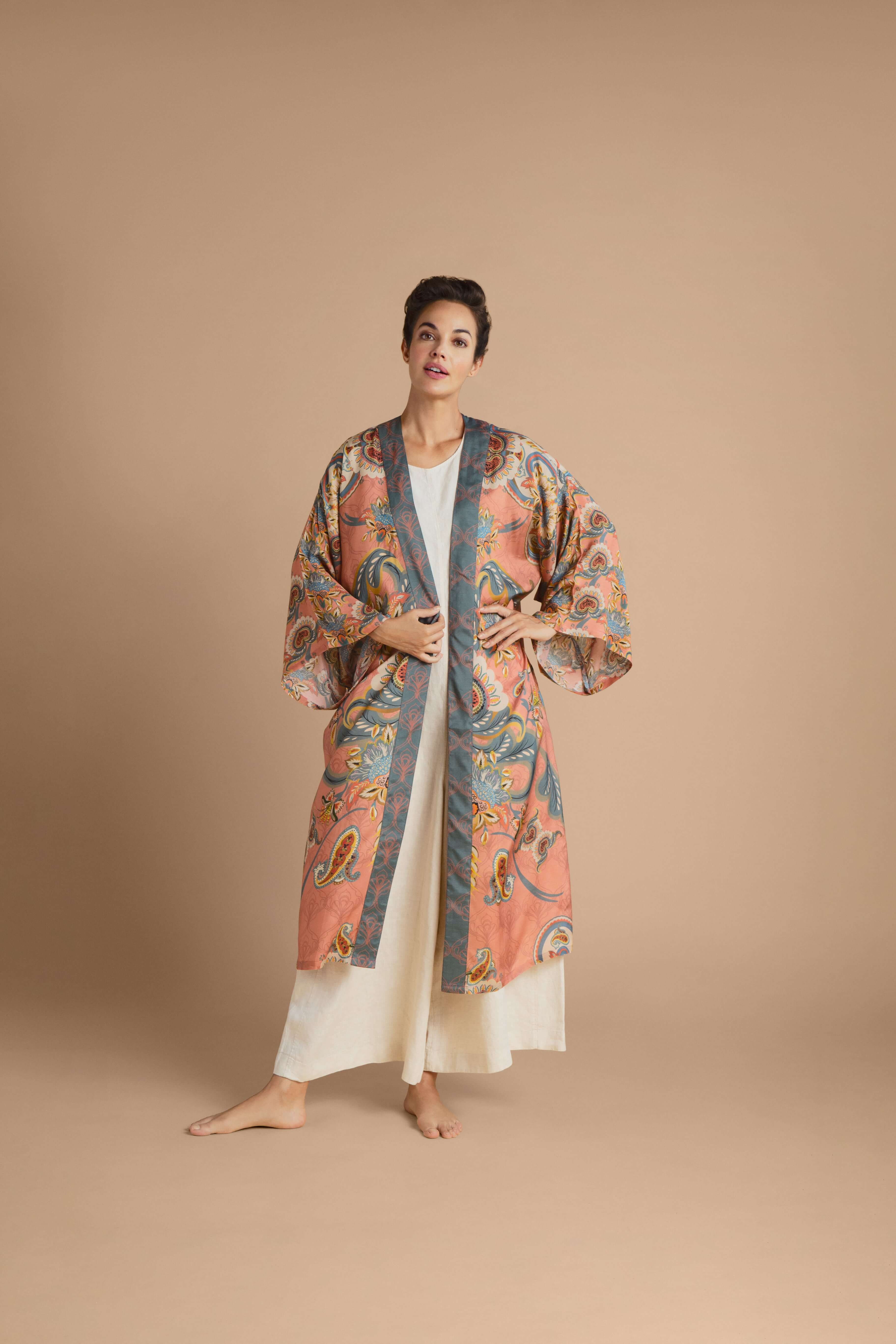 Mediterranean Paisley Kimono Gown - Coral