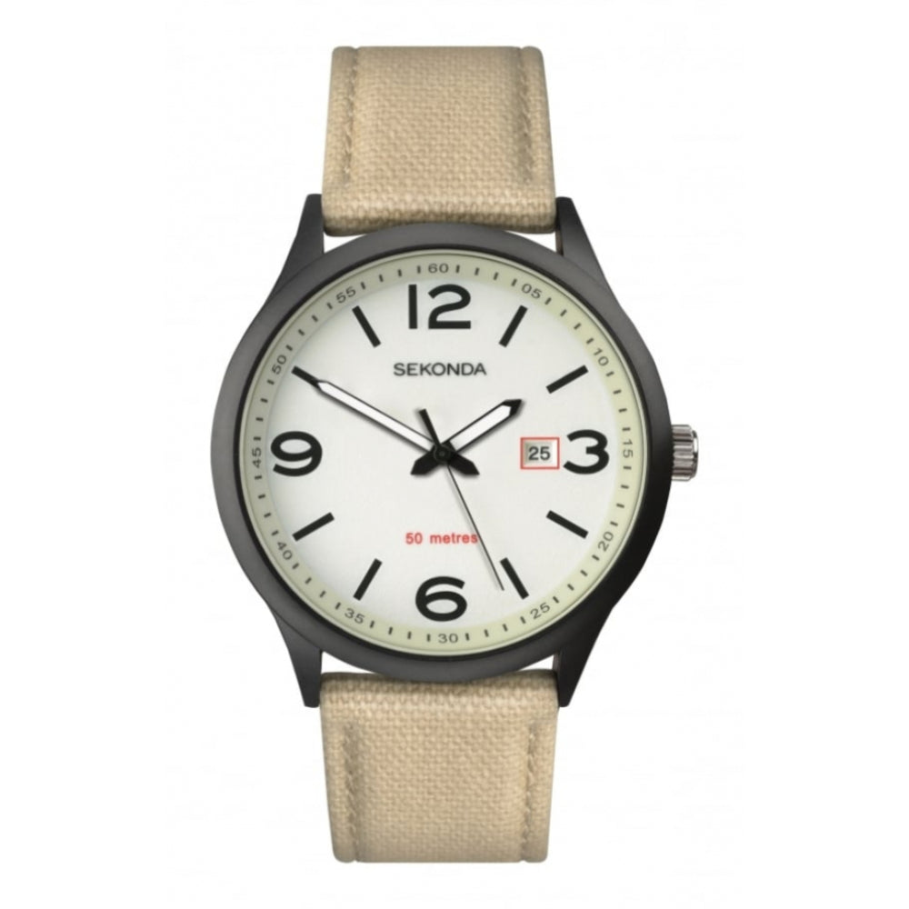 Black IP White Glow Dial & Beige Nylon Strap Gents Watch